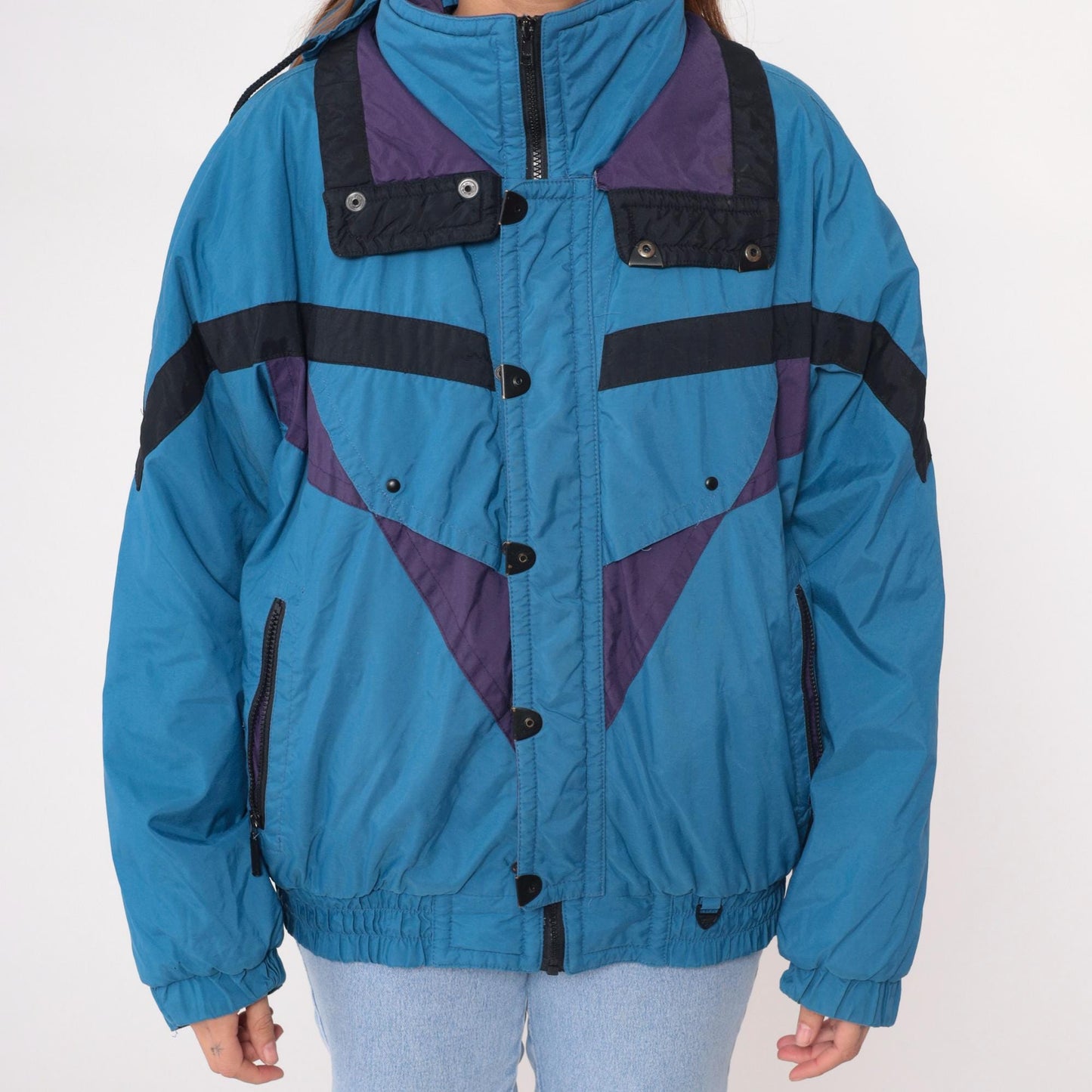 90s Skitique Colorblock Ski Jacket Light Blue Black Purple Hooded Puffer Medium