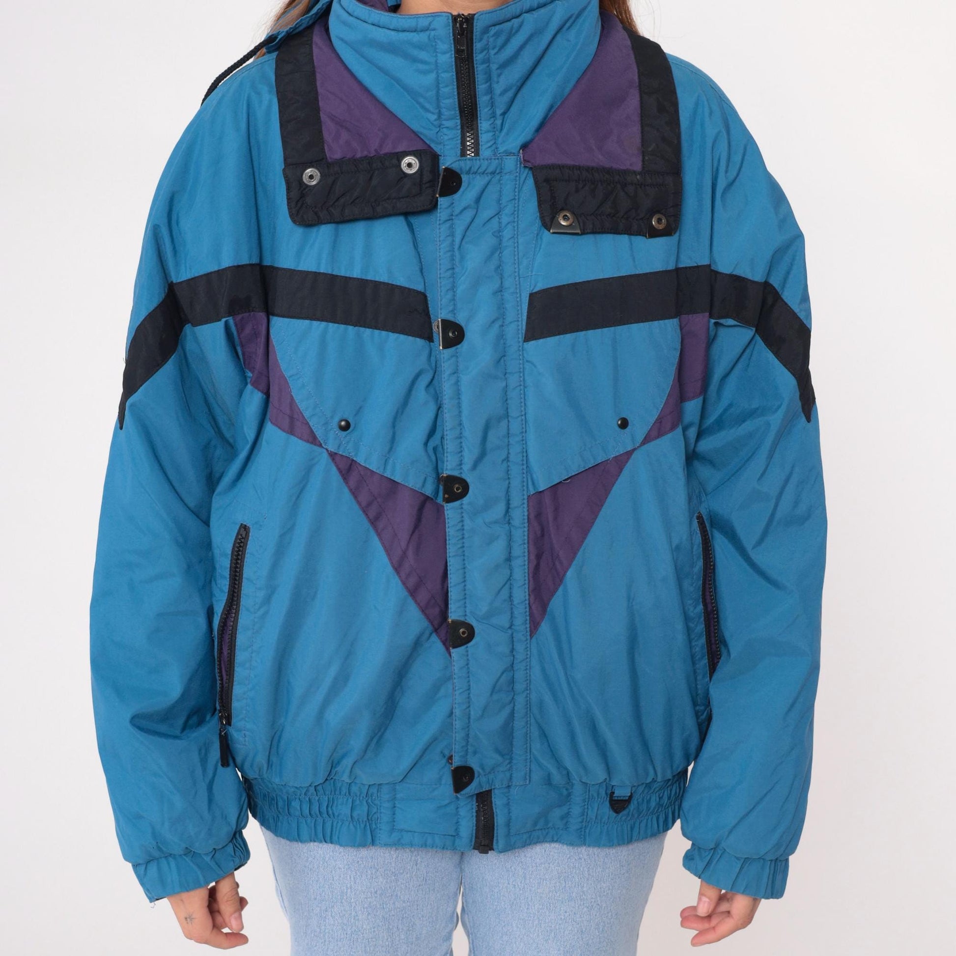 90s Skitique Colorblock Ski Jacket Light Blue Black Purple Hooded Puffer Medium