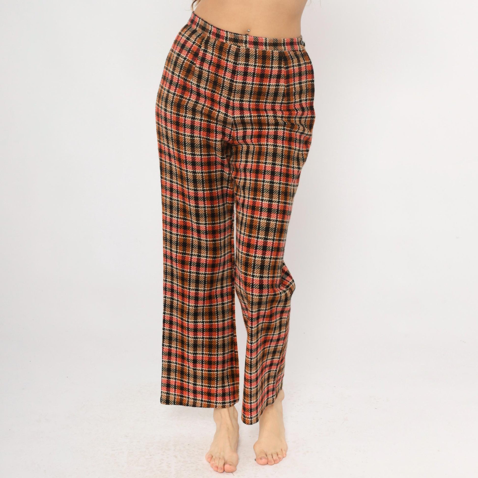 70s Plaid Wide Leg Trousers High Waisted Orange Brown Black Houndstooth Small