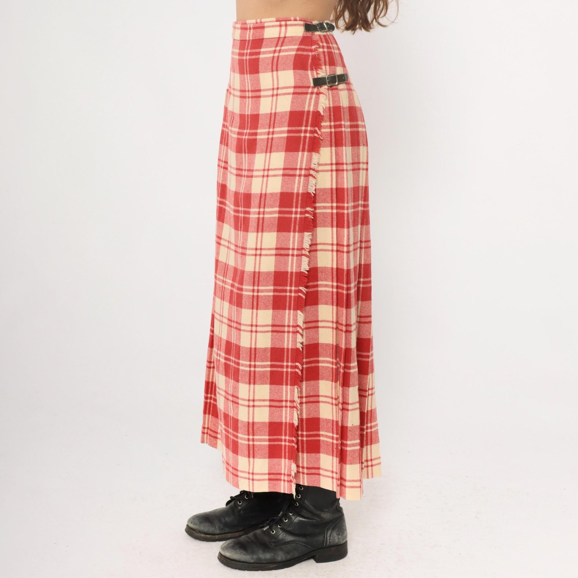 70s Laird Portch Tartan Wool Kilt Skirt Red Cream Pleated Wrap Small Medium