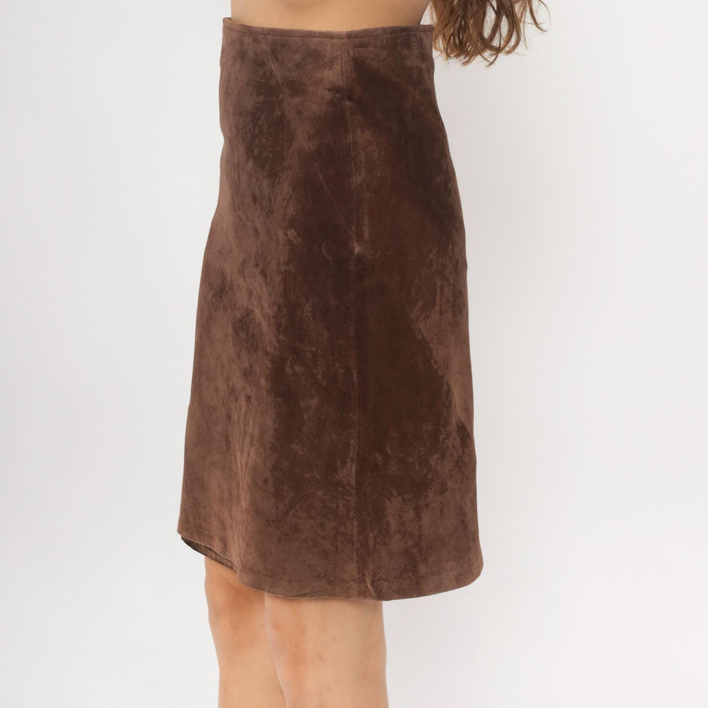 90s Brown Leather A-Line Skirt High Waisted Seam Detail Small
