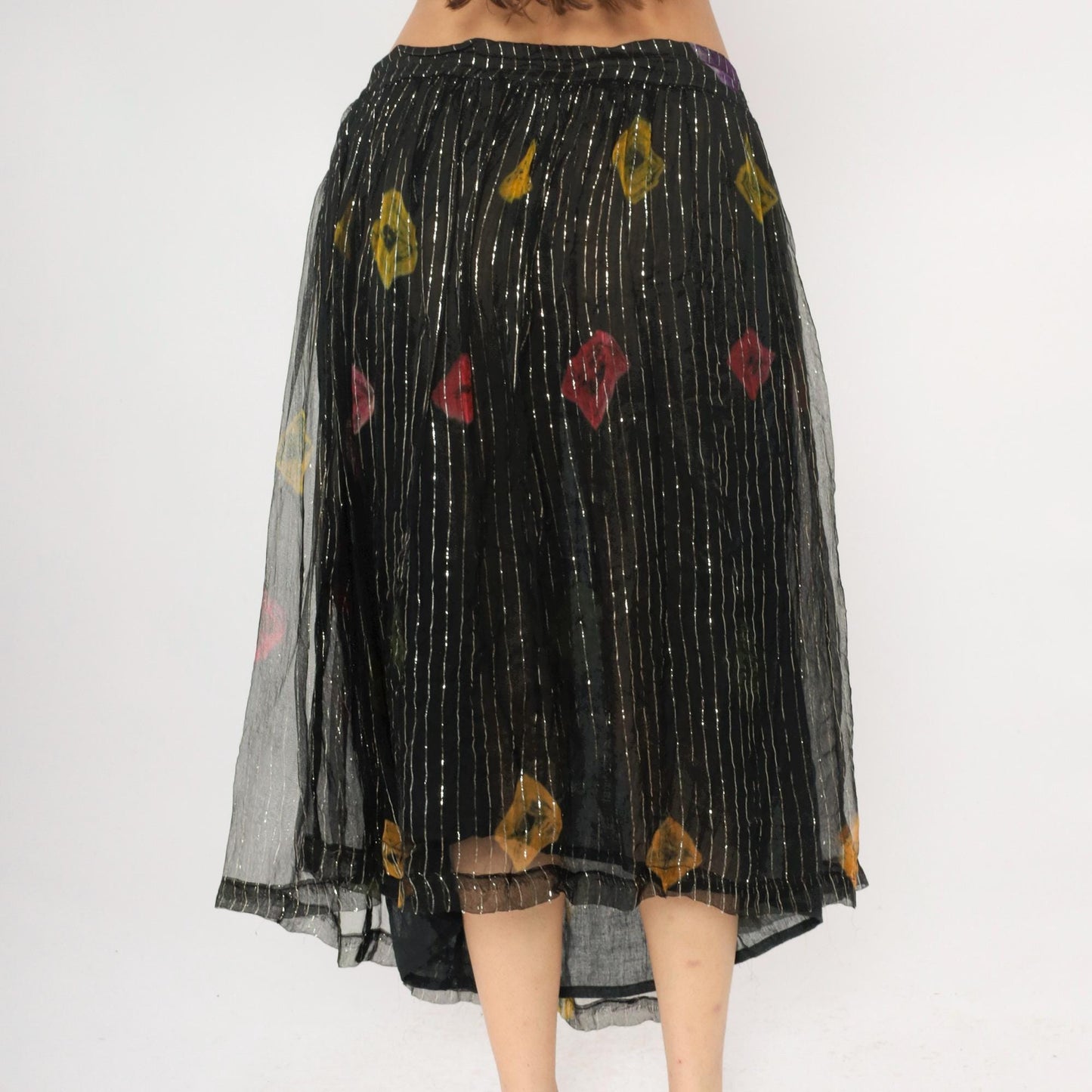 90s Black Floral Midi Skirt Metallic Pinstripe Sheer Overlay Medium