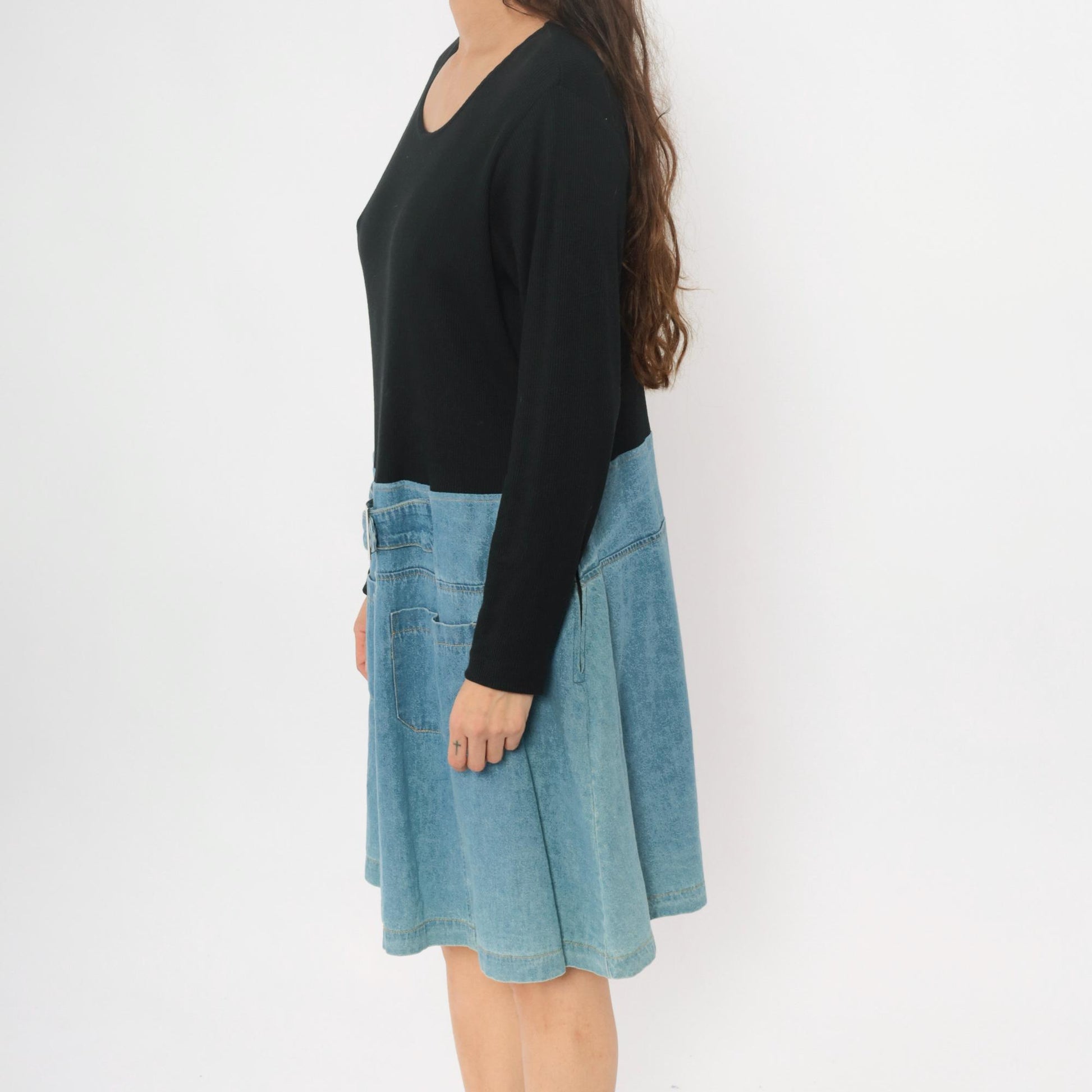 90s Diana Marco Denim Dress Black Chambray Two Tone Belted Extra Large XL