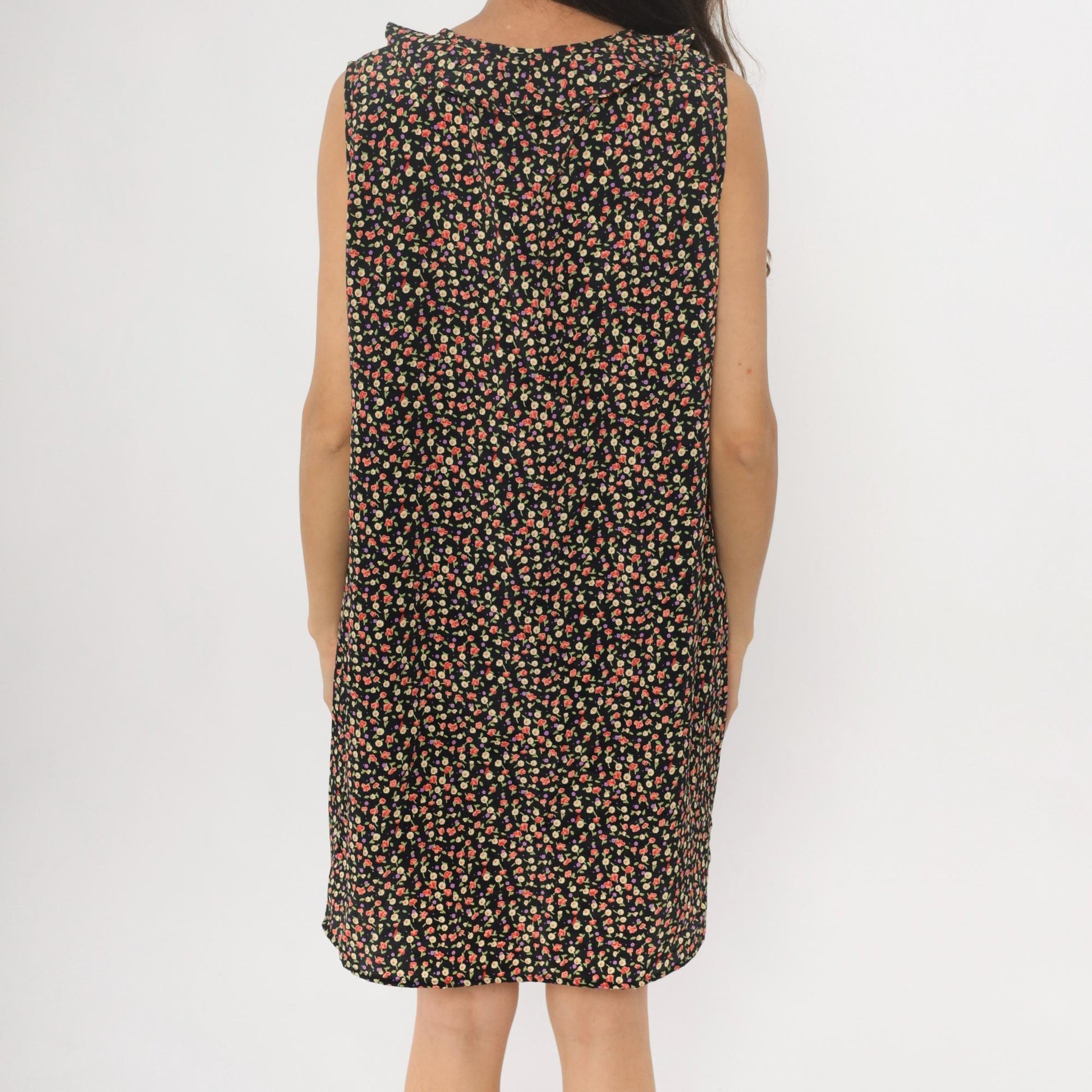 90s Black Ditsy Floral Calico Shift Dress Knee Length Medium M