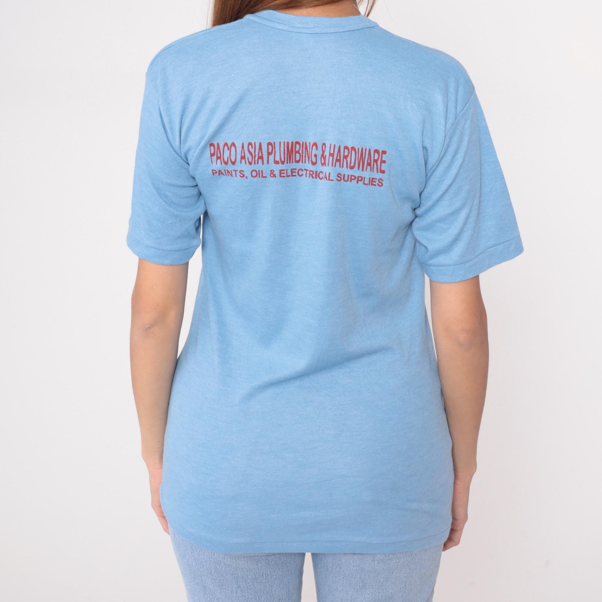 90s Paco Asia Plumbing Hardware Logo Tee Light Blue Graphic Small S