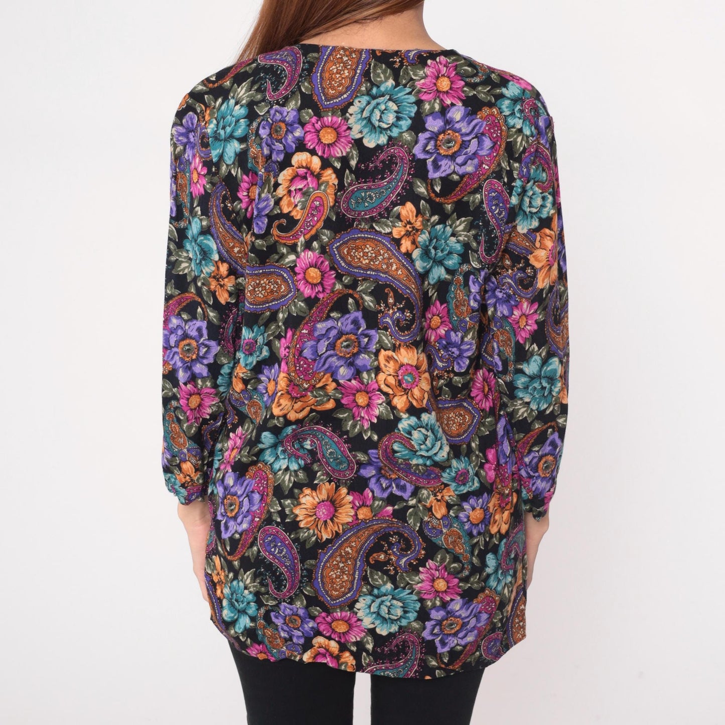 90s Rampage Paisley Floral Tunic Blouse Deep V Neck Rayon Black Purple Medium