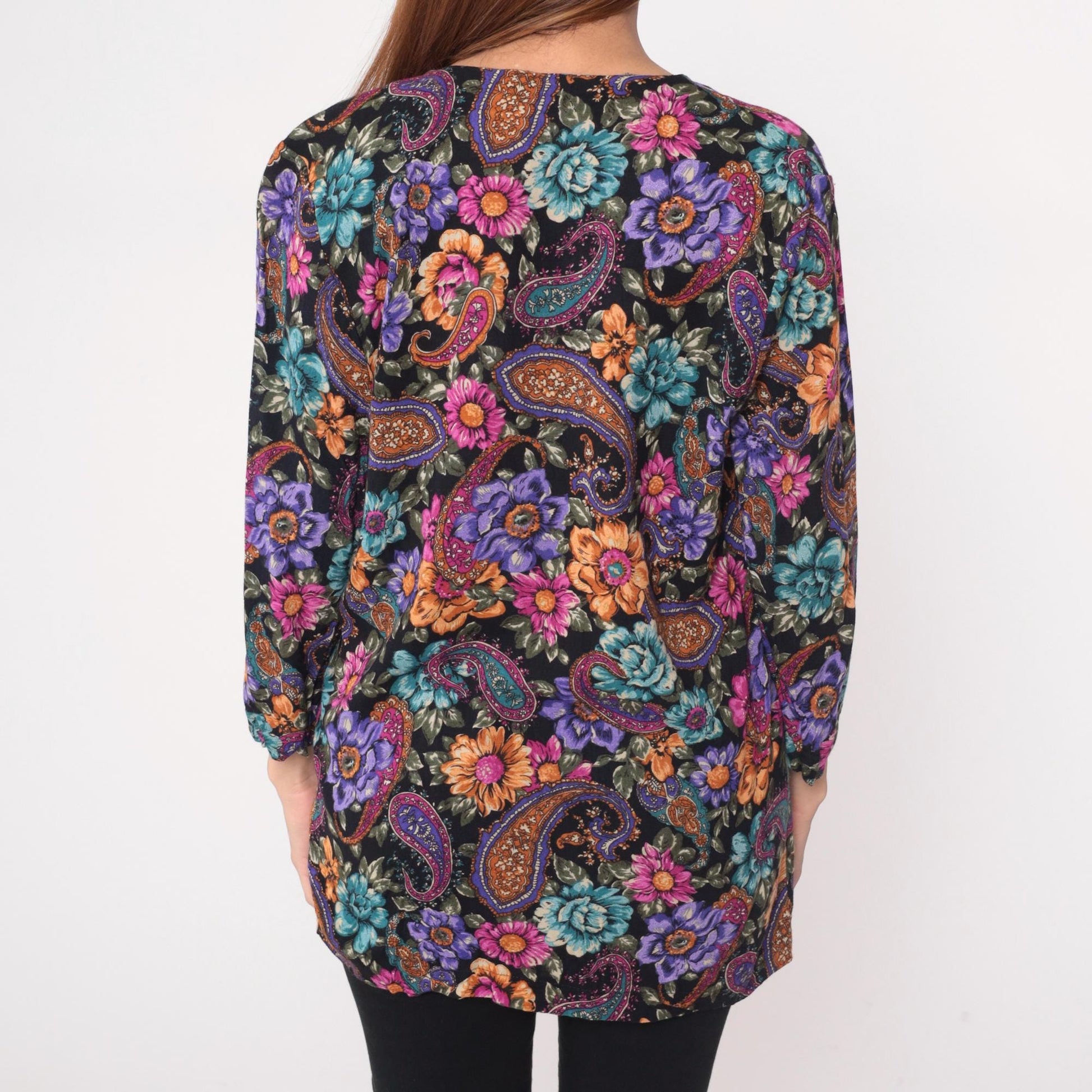 90s Rampage Paisley Floral Tunic Blouse Deep V Neck Rayon Black Purple Medium
