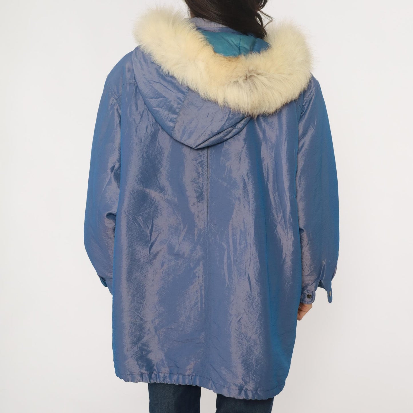 80s Periwinkle Iridescent Puffer Jacket Fur Trim Hood Windbreaker Large L