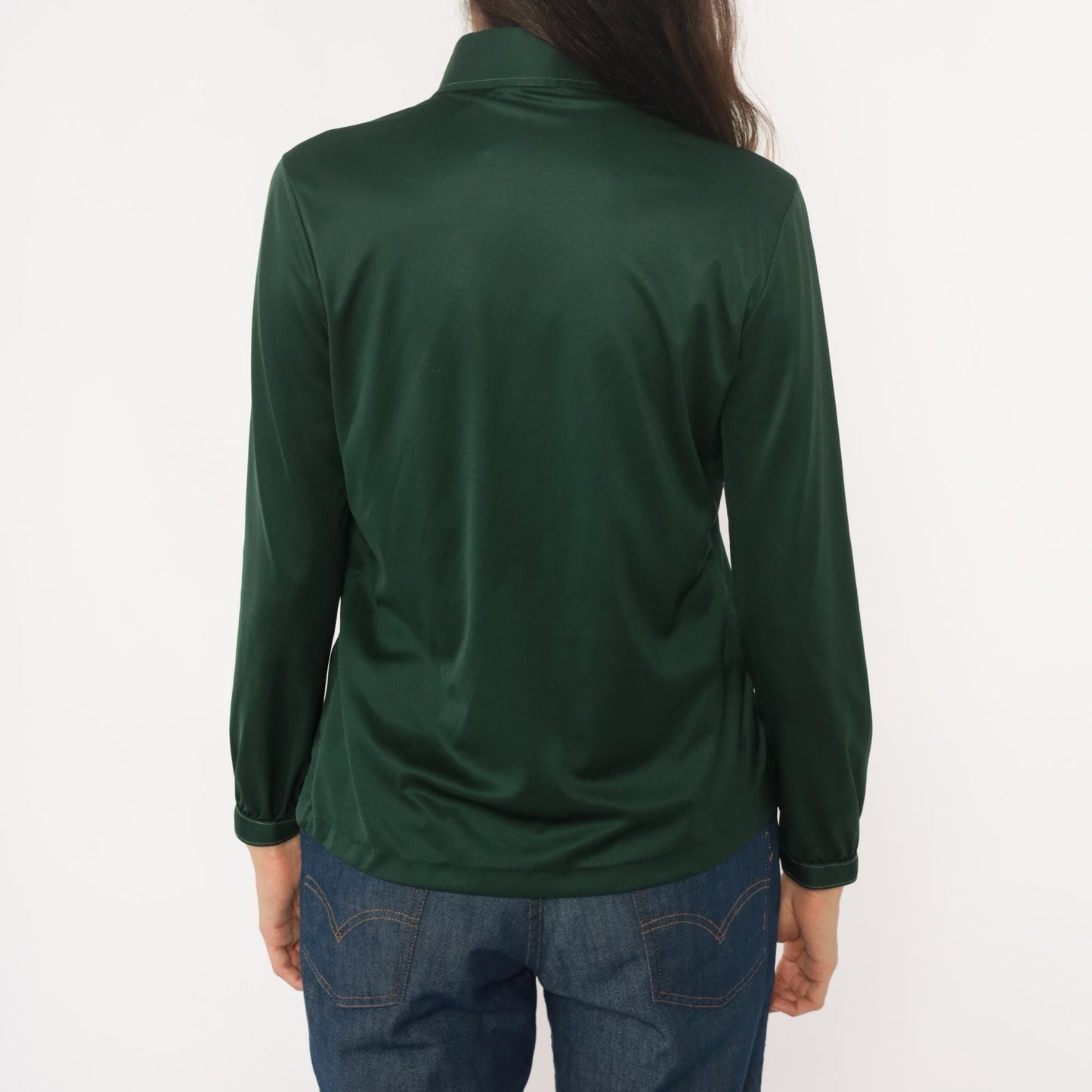70s Forest Green Button-Front Blouse Long Sleeve Pointed Collar Medium M