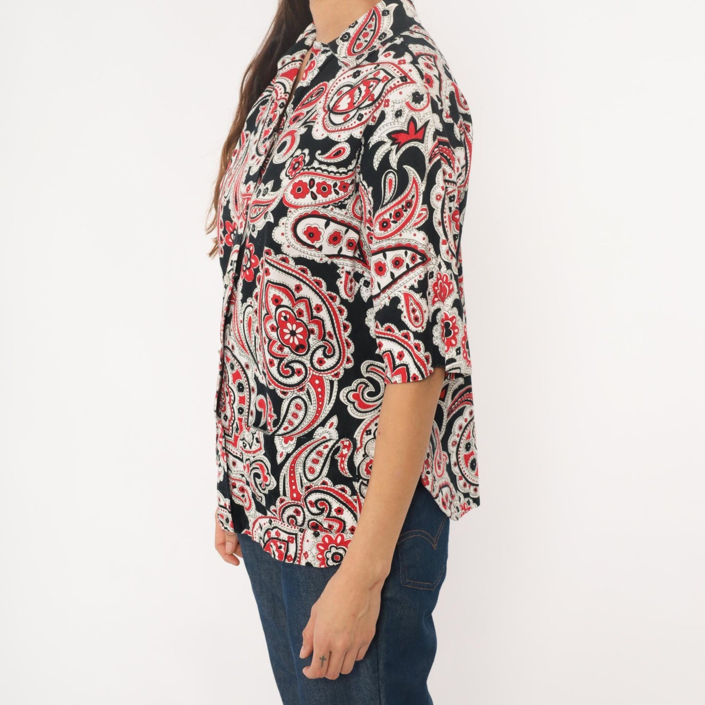70s Jean Marie Paisley Button-Up Shirt Black Red White Medium