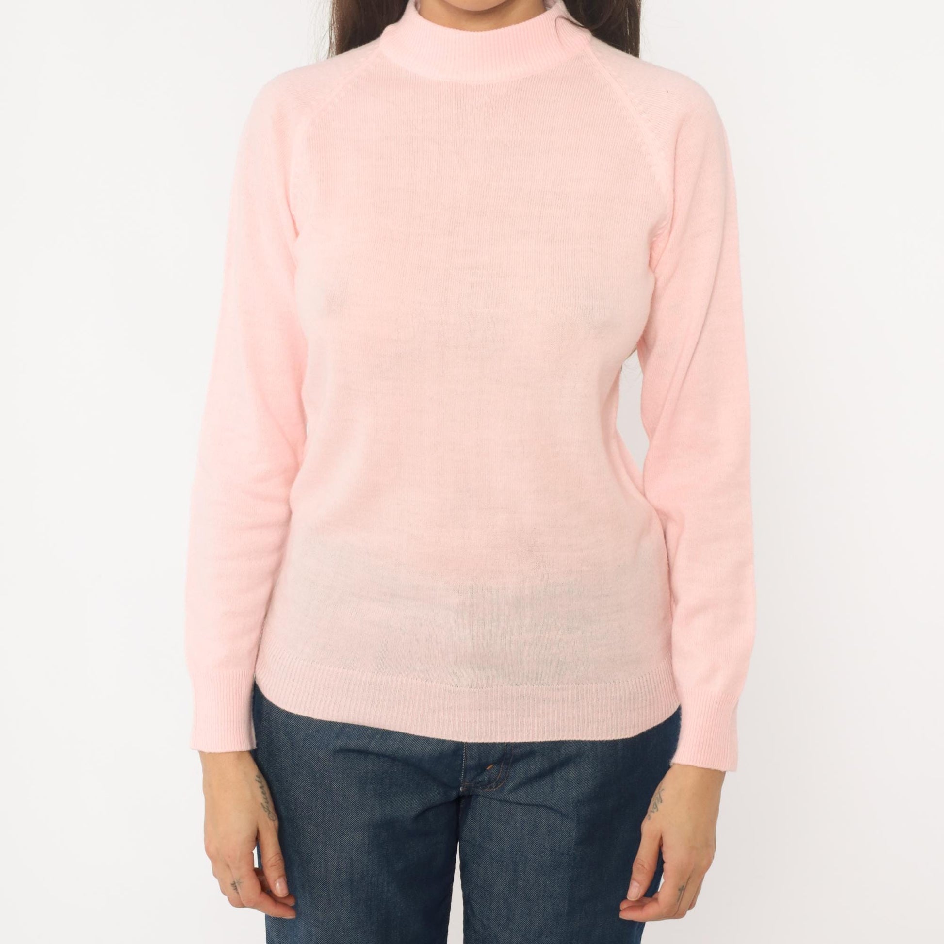 70s Pink Mock Neck Sweater Acrylic Knit Ribbed Cuffs Back Zip Small S