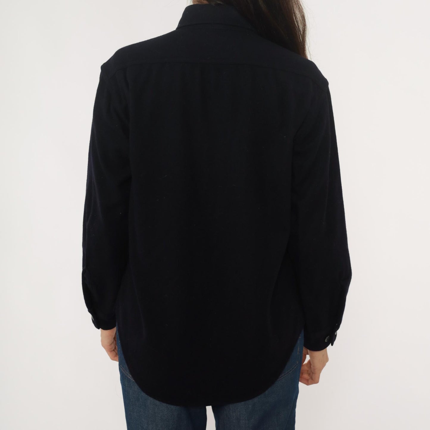 70s Dark Blue Wool CPO Shirt Button Front Pointed Collar Large