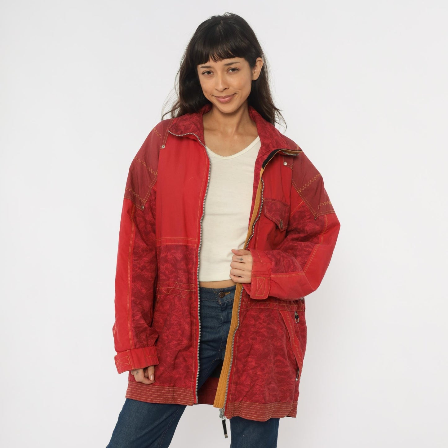 80s Obermeyer Red Nylon Windbreaker Ski Jacket Colour-Block Extra Large XL