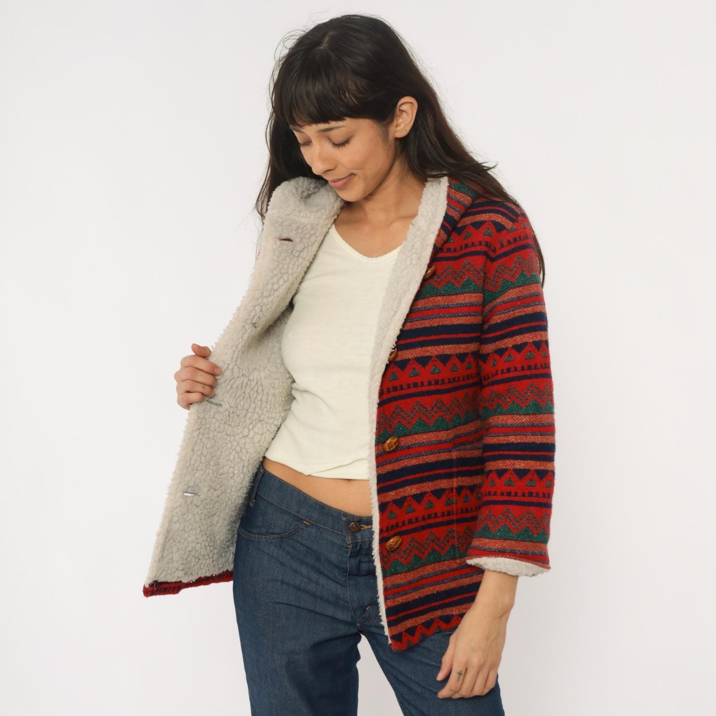 70s Southwestern Hooded Jacket Aztec Pattern Red Navy Orange Wool Blend Extra Small XS