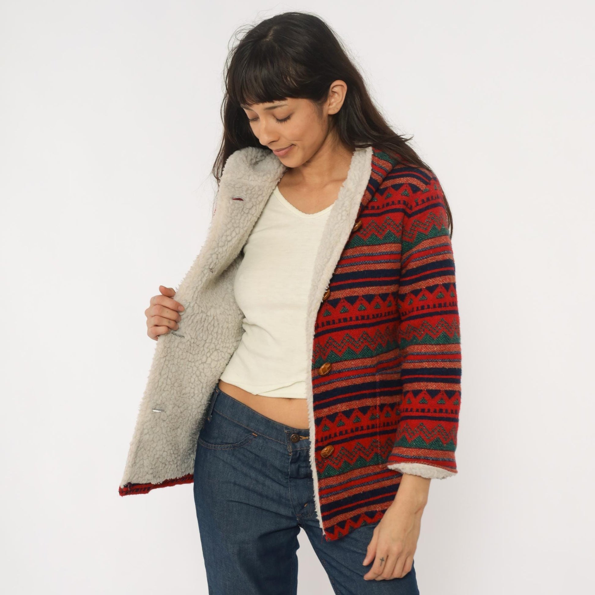 70s Southwestern Hooded Jacket Aztec Pattern Red Navy Orange Wool Blend Extra Small XS