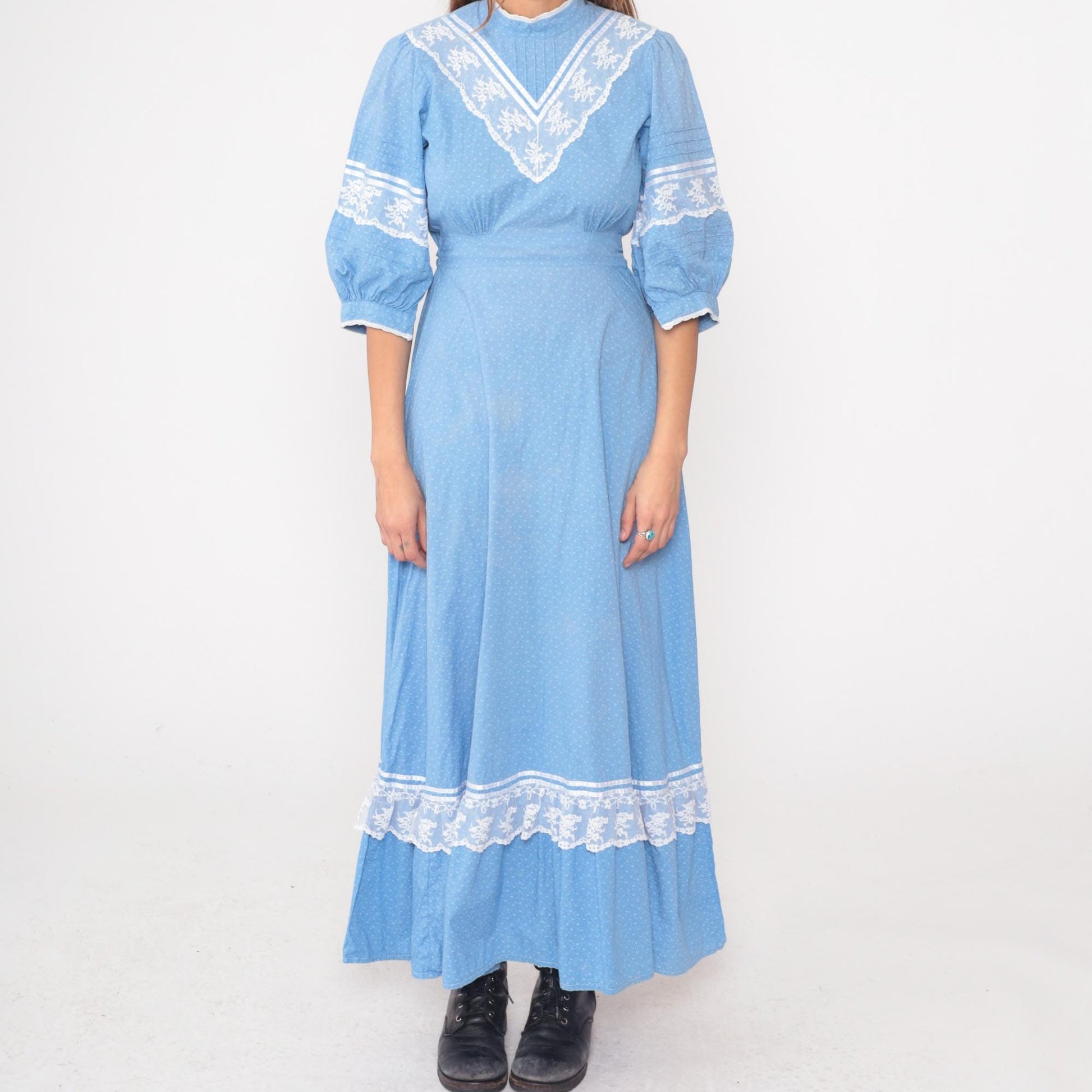 70s Light Blue Prairie Maxi Dress White Lace Trim Puff Sleeves Small