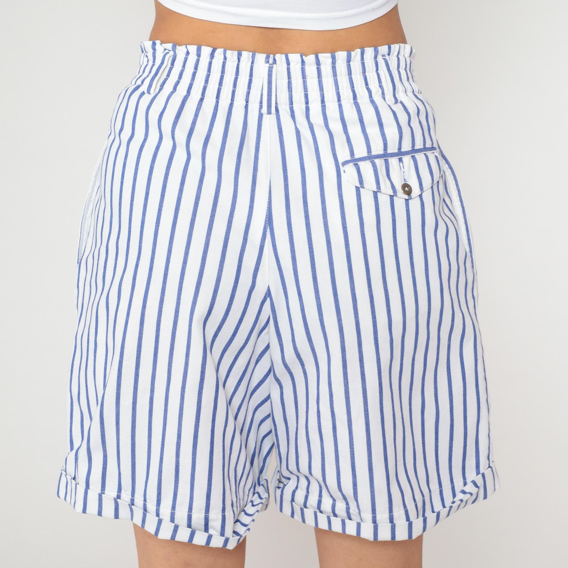 90s Liz Sport High-Waisted Striped Shorts Blue White Cotton Small