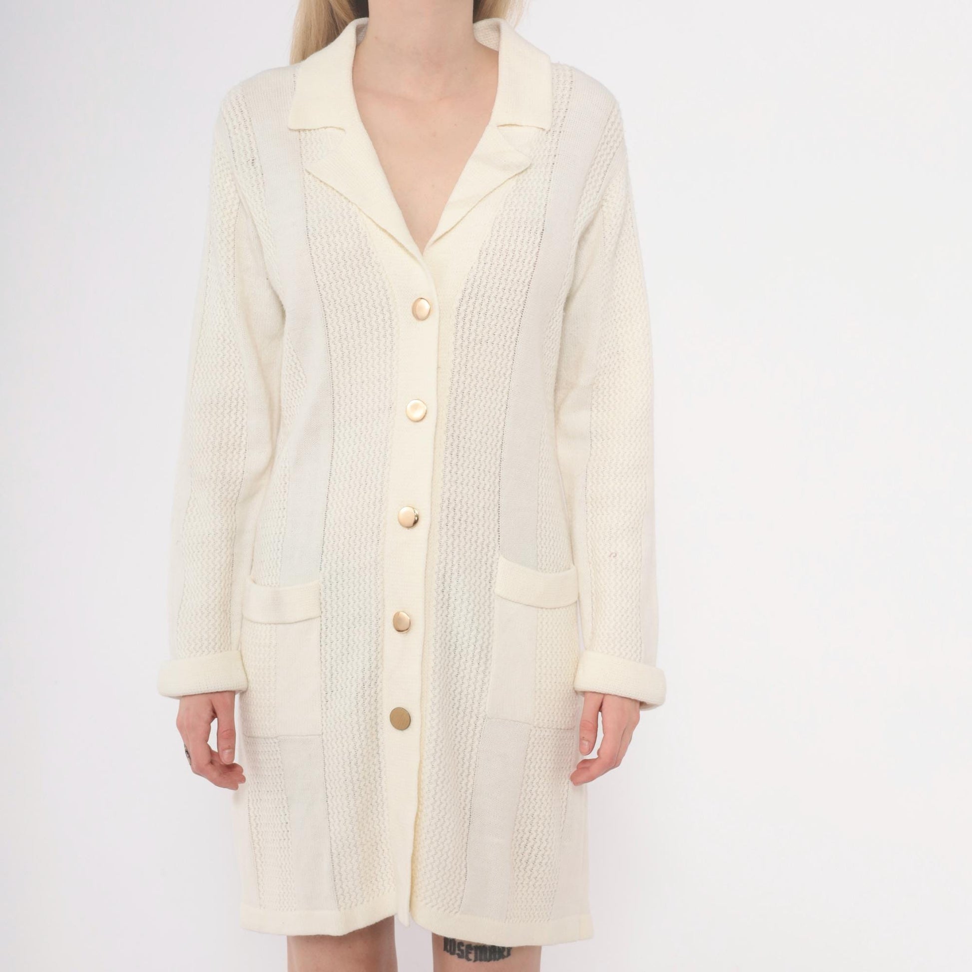 70s Cream Cable Knit Cardigan Dress Collared Button Front Large L