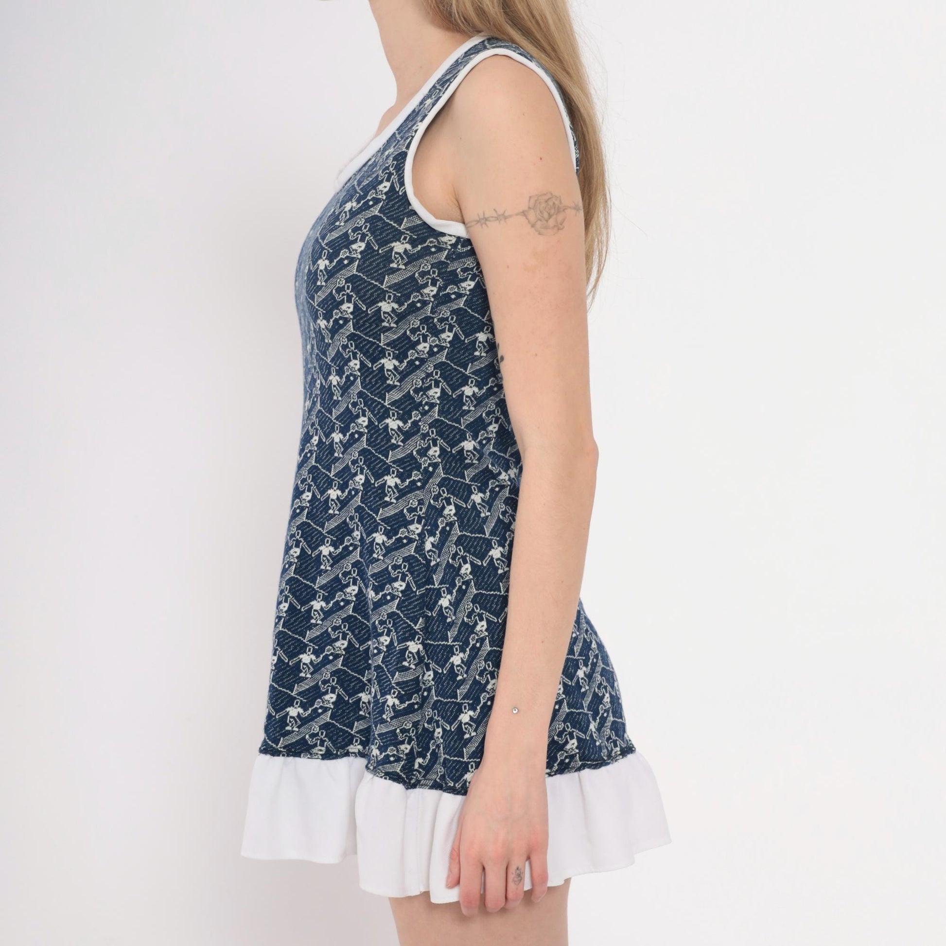 70s Navy Tennis Print Sleeveless Tunic White Trim Mini Dress Extra Small XS