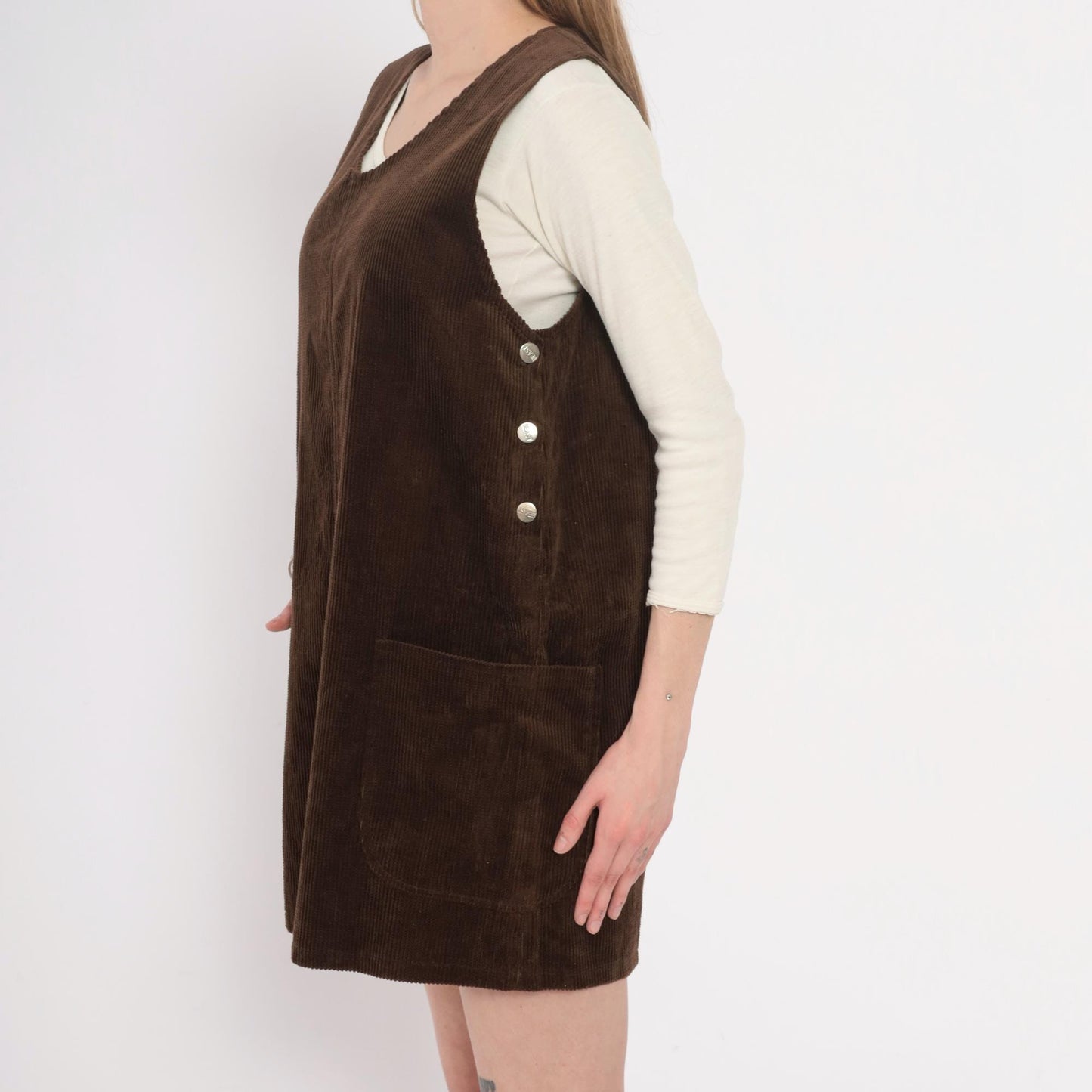 90s Brown Corduroy Jumper Dress Sleeveless V-Neck Shift Pinafore Small