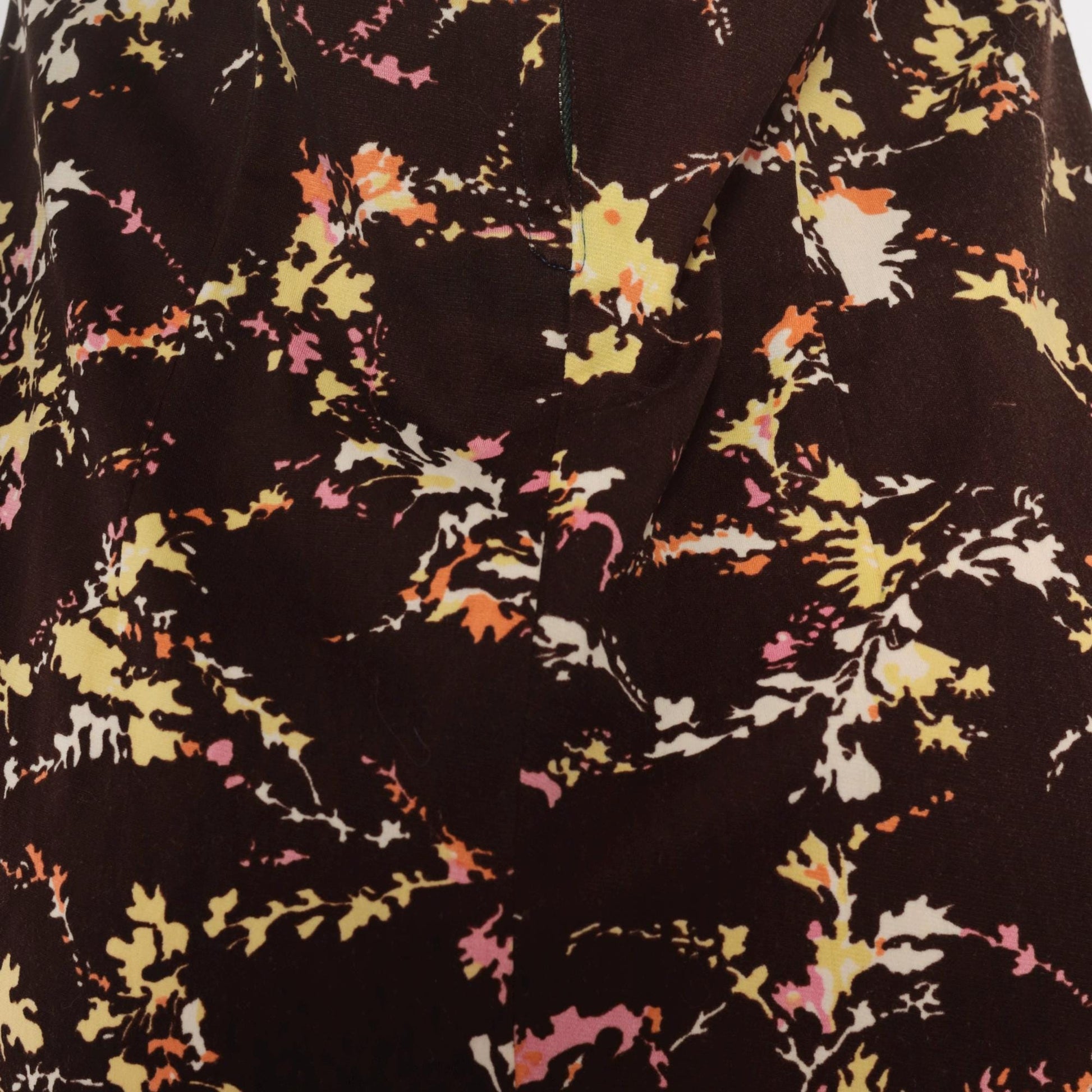 70s Brown Floral Mini Dress Collared Button Front A-Line Short Sleeve Medium M