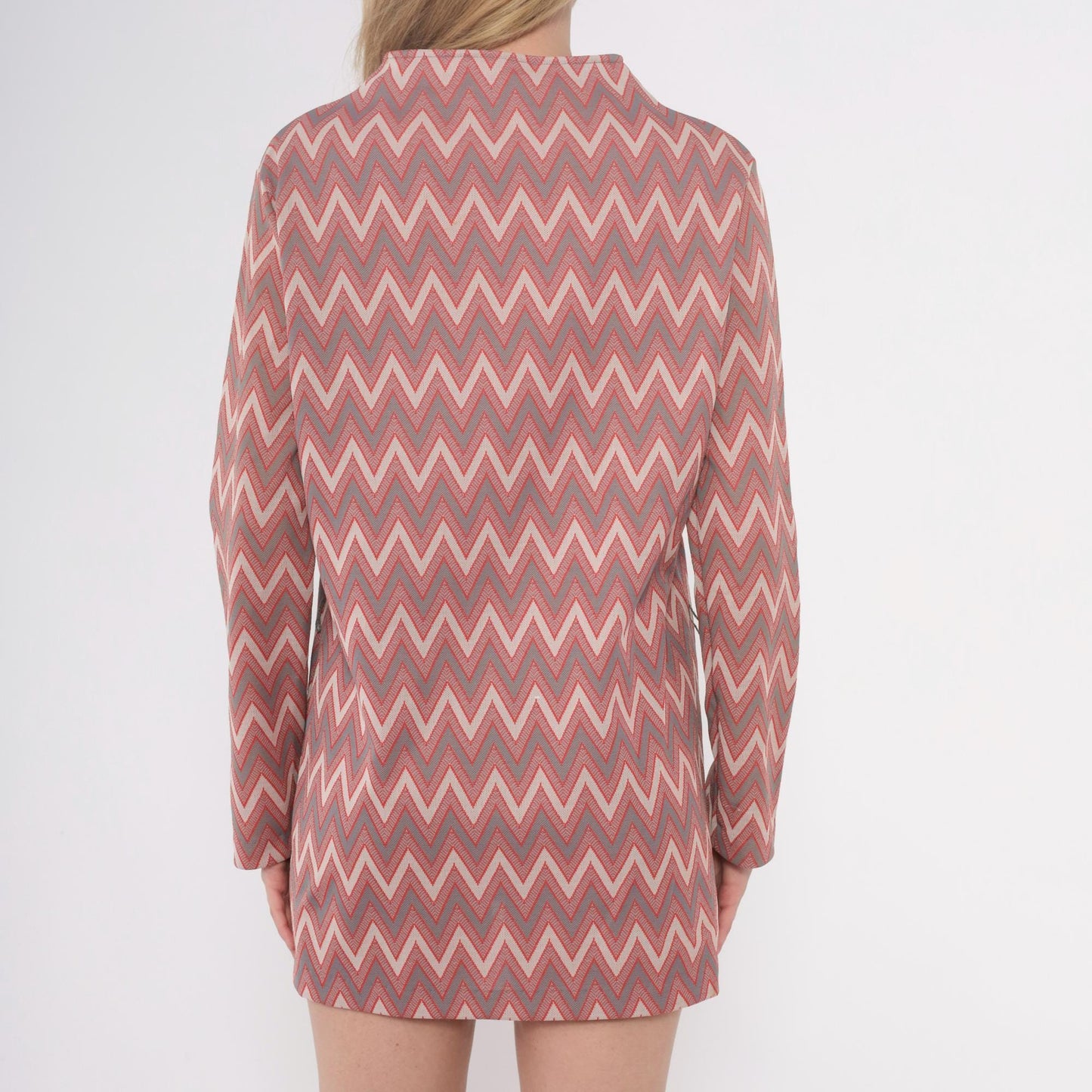 60s Chevron Print Mini Dress Mock Neck Shift Tunic Pink Grey Small S