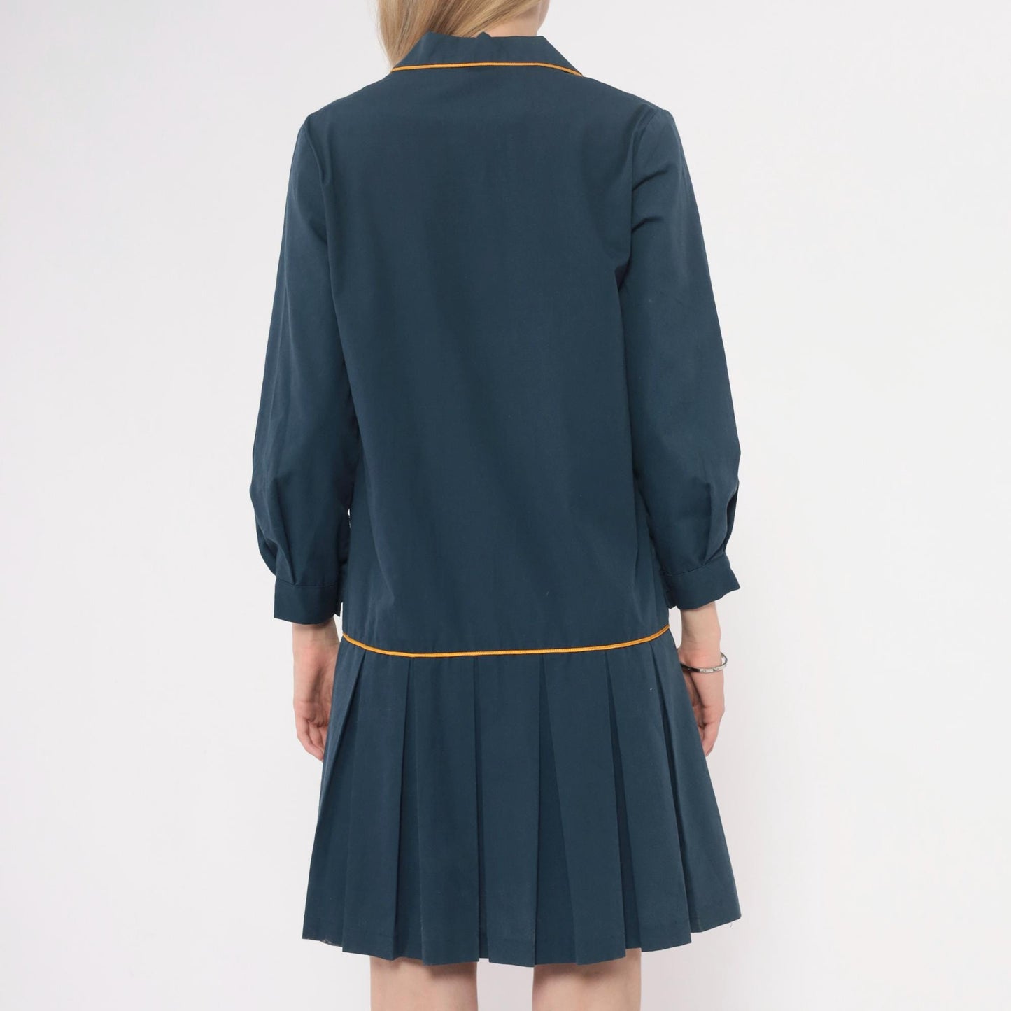 60s Navy Cotton Collared Drop Waist Dress Yellow Piping Pleated Small