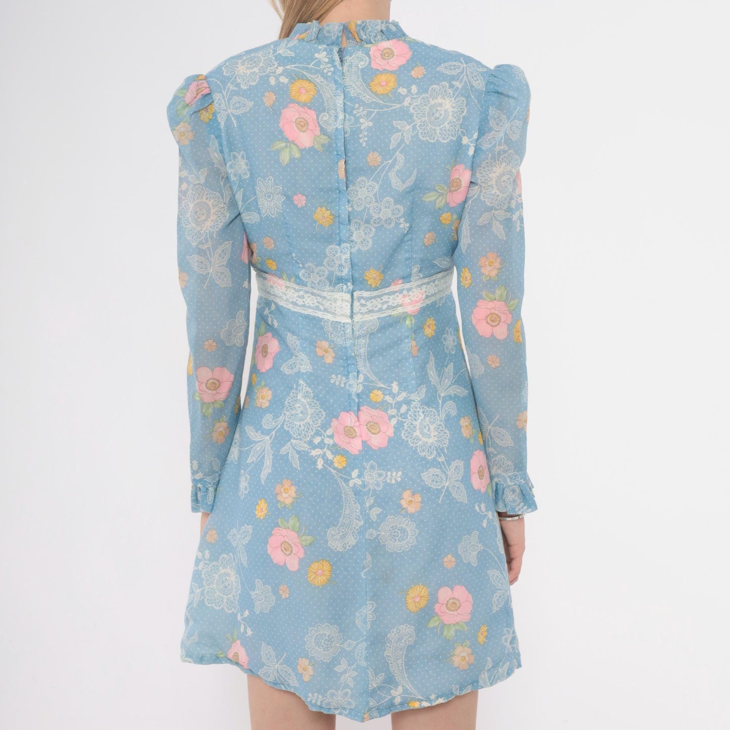 70s Light Blue Floral Mini Dress Long Sleeve Ruffle Lace Trim Small