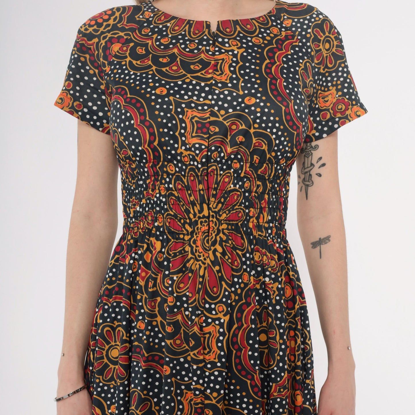 70s Psychedelic Maxi Dress Paisley Floral Navy Orange Red Yellow Small