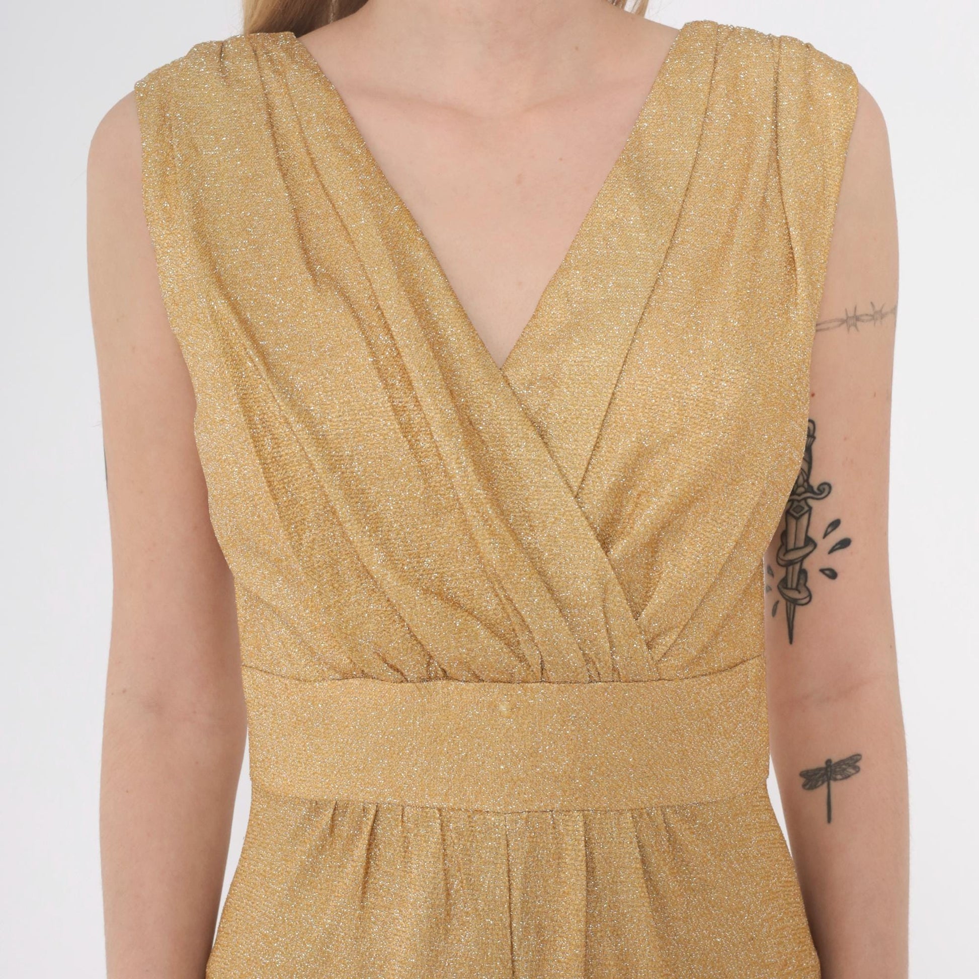 70s Gold Metallic Jumpsuit Sleeveless V-Neck Wide Leg Spiegel Small