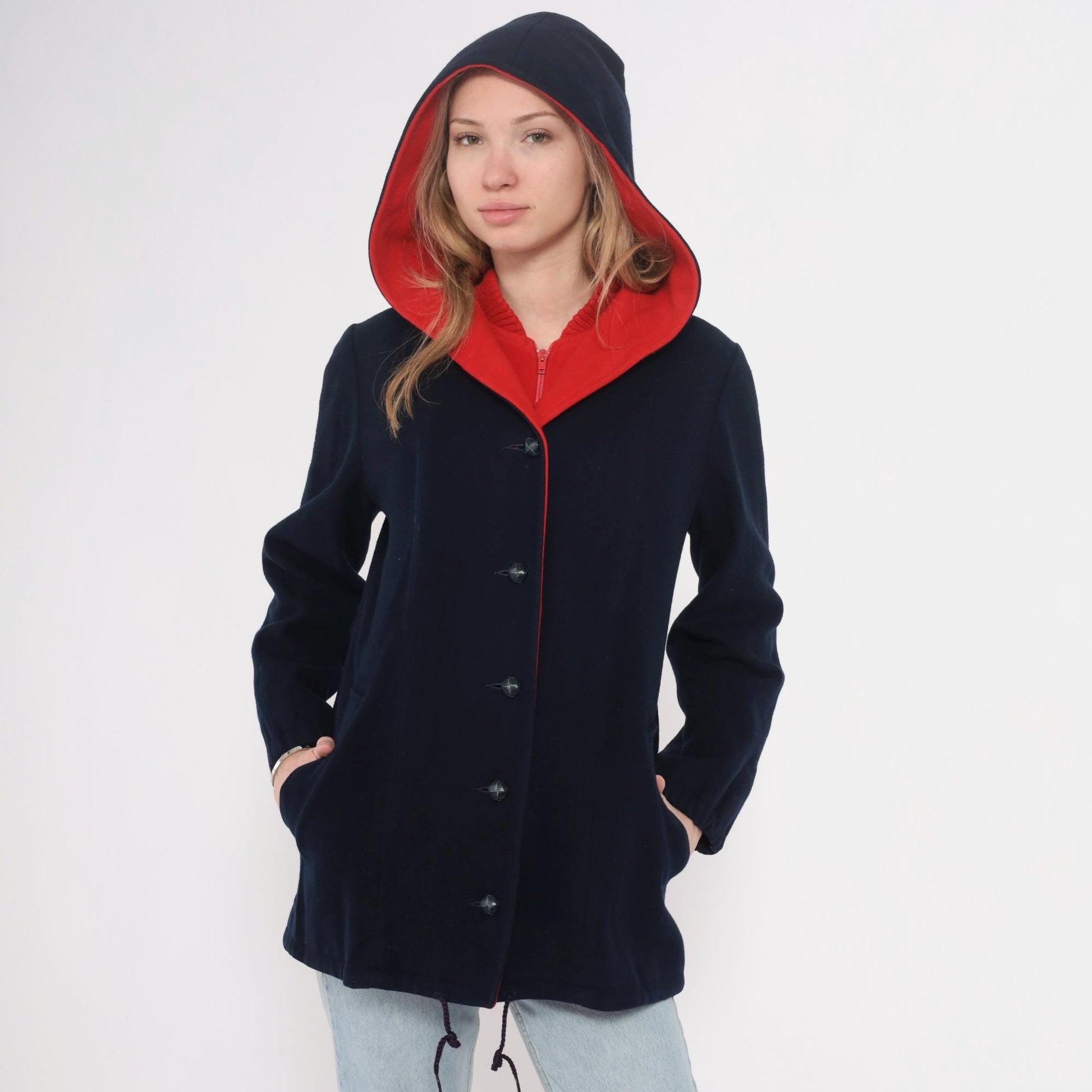 70s Mackintosh Wool Hooded Toggle Coat Navy Red Colour Block Medium