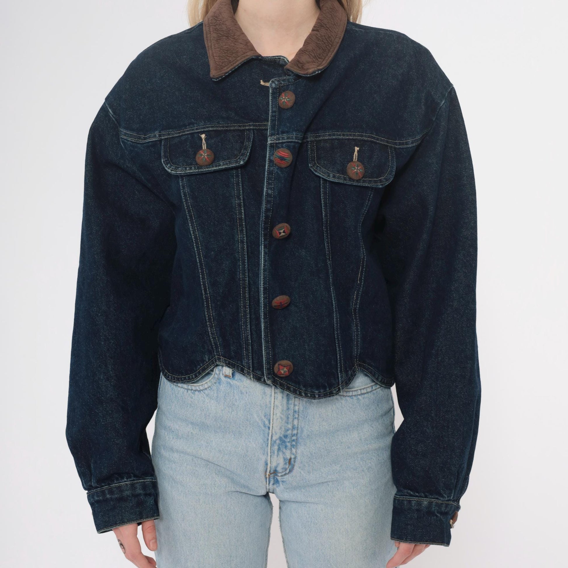 90s Coldwater Creek Cropped Denim Jacket Scalloped Hem Dark Wash Large L