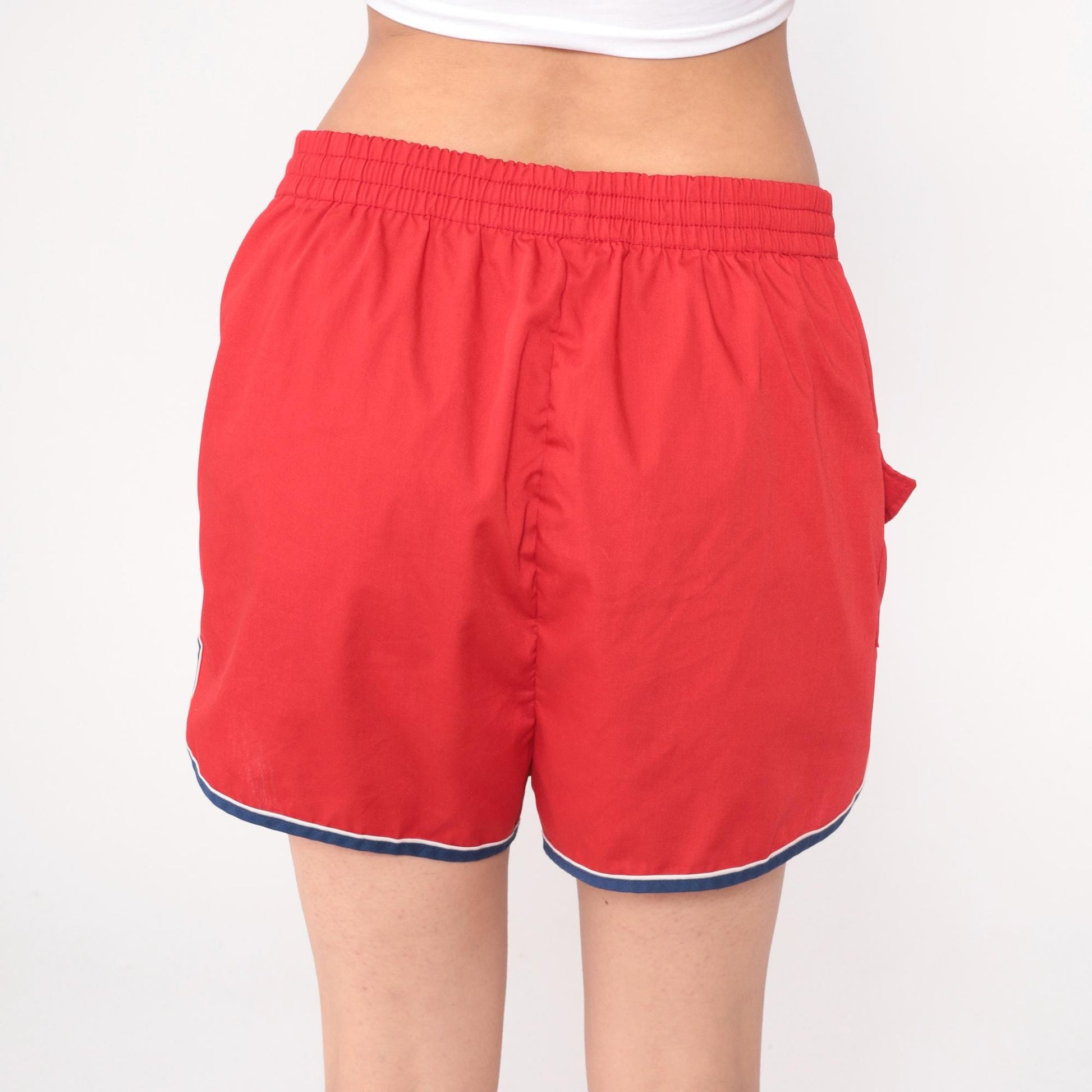80s Red Jogging Shorts Navy Striped Trim Elastic Waistband Extra Large