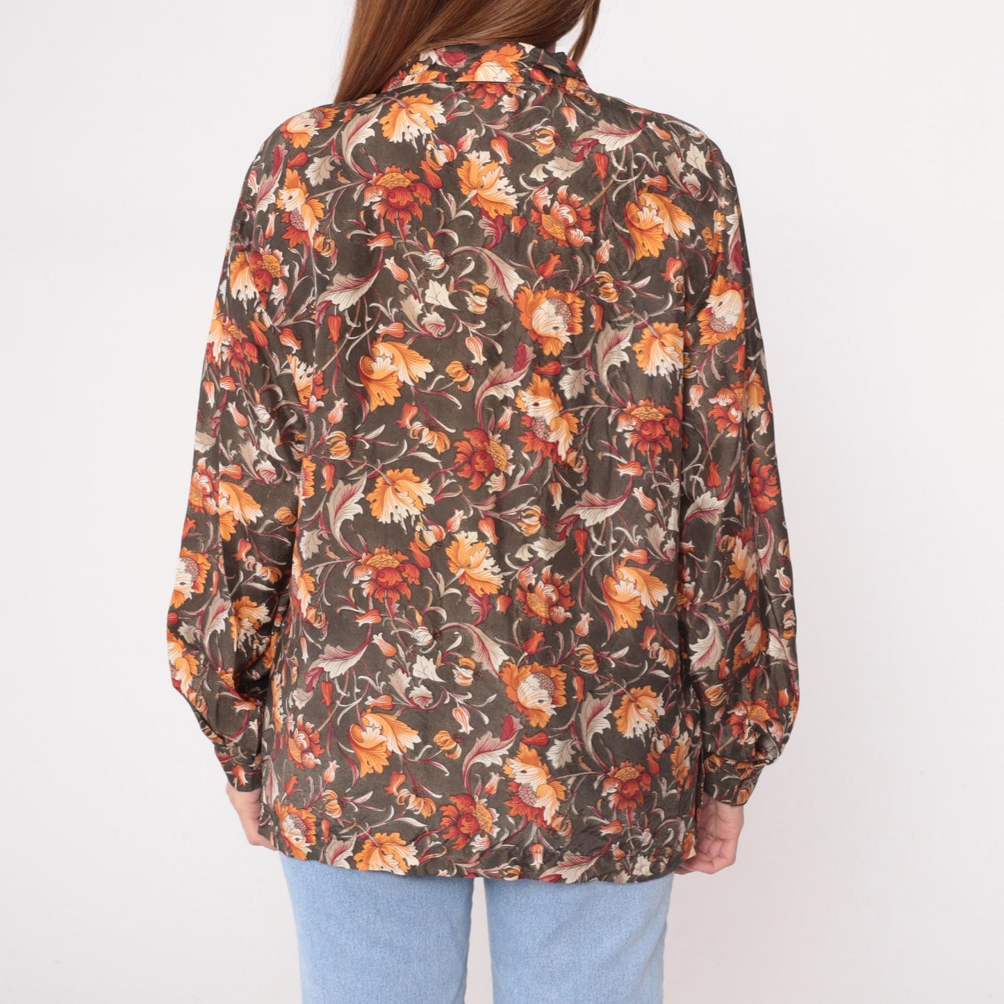90s Silk Floral Button-Up Blouse Brown Orange Rust Cream Medium M