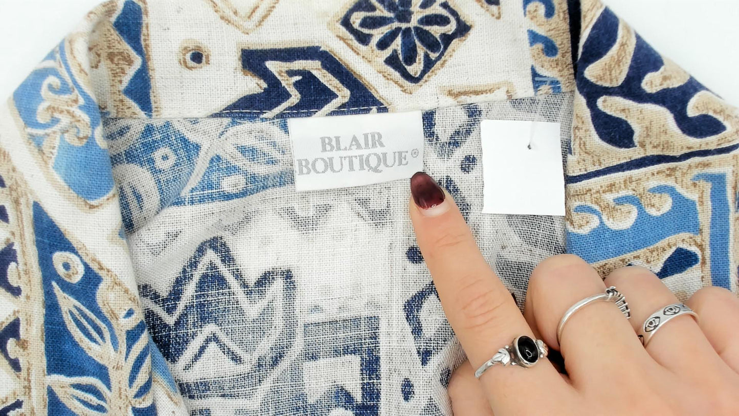 90s Blair Boutique Geometric Tile Blazer Blue White Cotton Medium