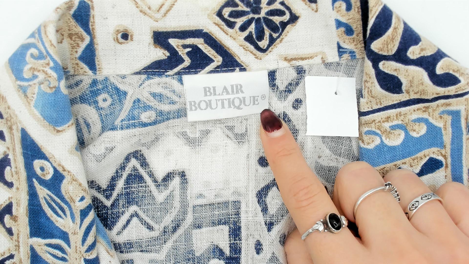 90s Blair Boutique Geometric Tile Blazer Blue White Cotton Medium