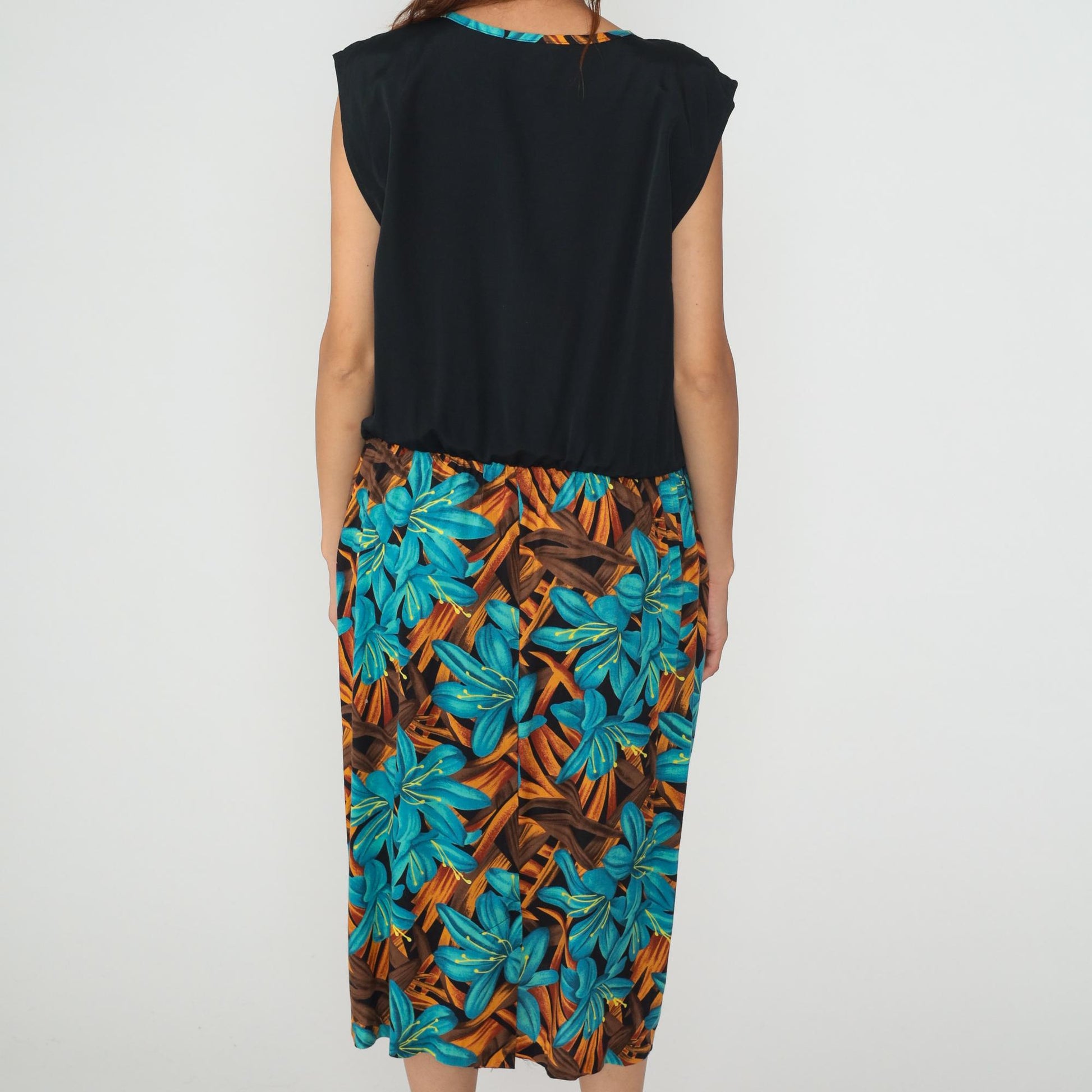90s Tropical Floral Colorblock Sleeveless Dress Black Turquoise Large L