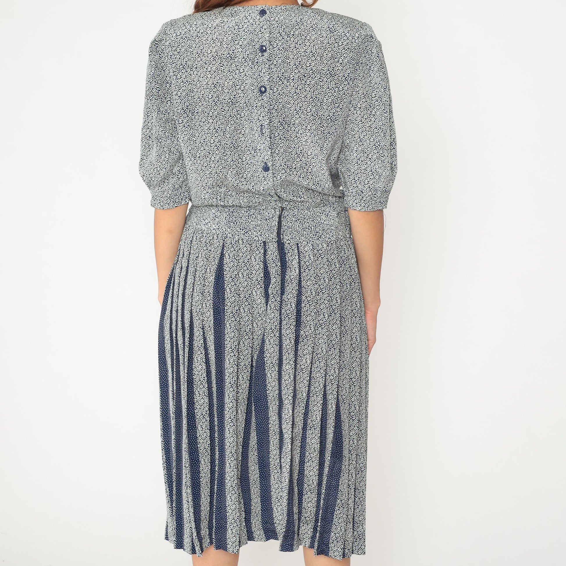 80s Blue White Mixed Print Dress Puff Sleeve Drop Waist Pleated Skirt Medium