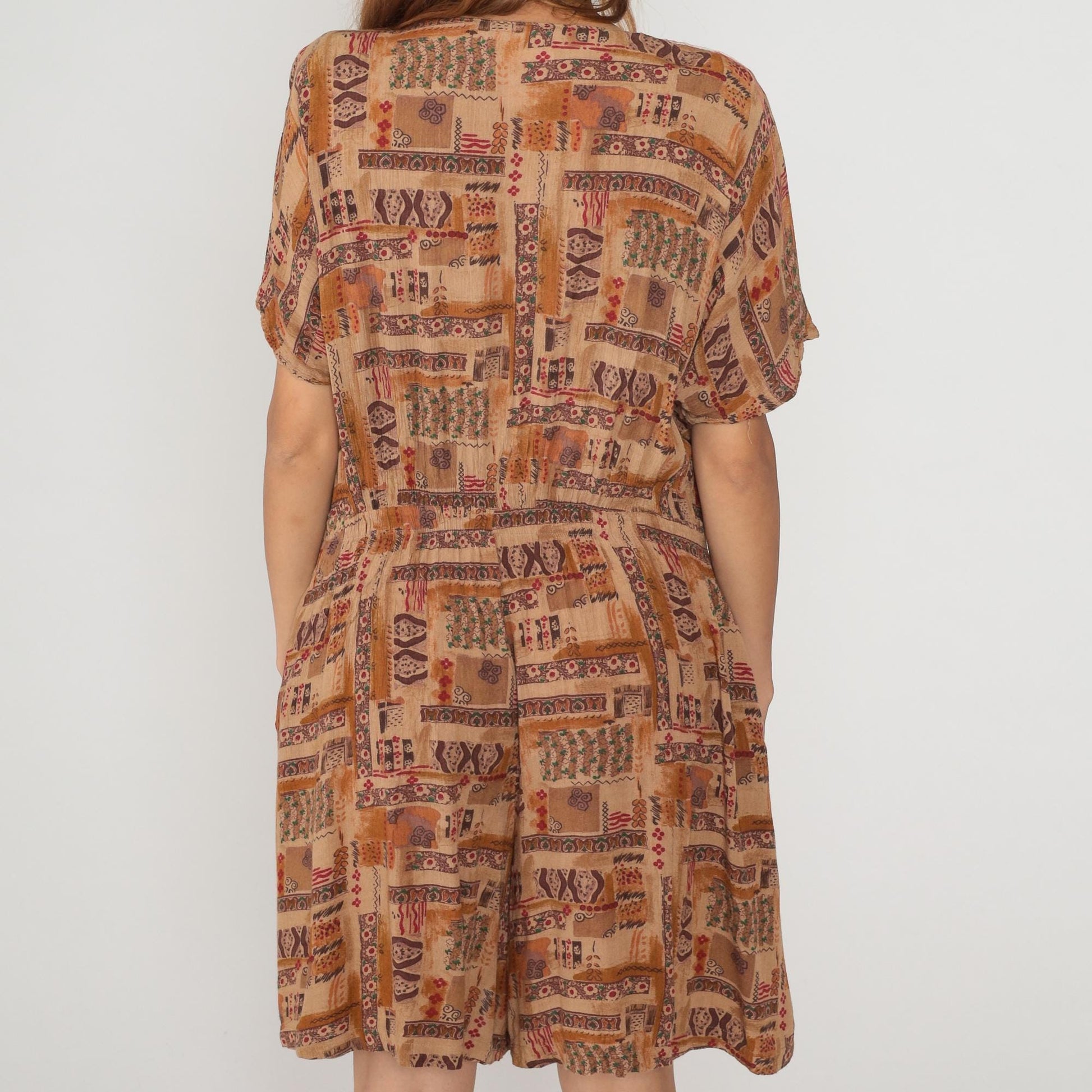 90s Rafael Patchwork Romper Ethnic Print Brown Orange Large L