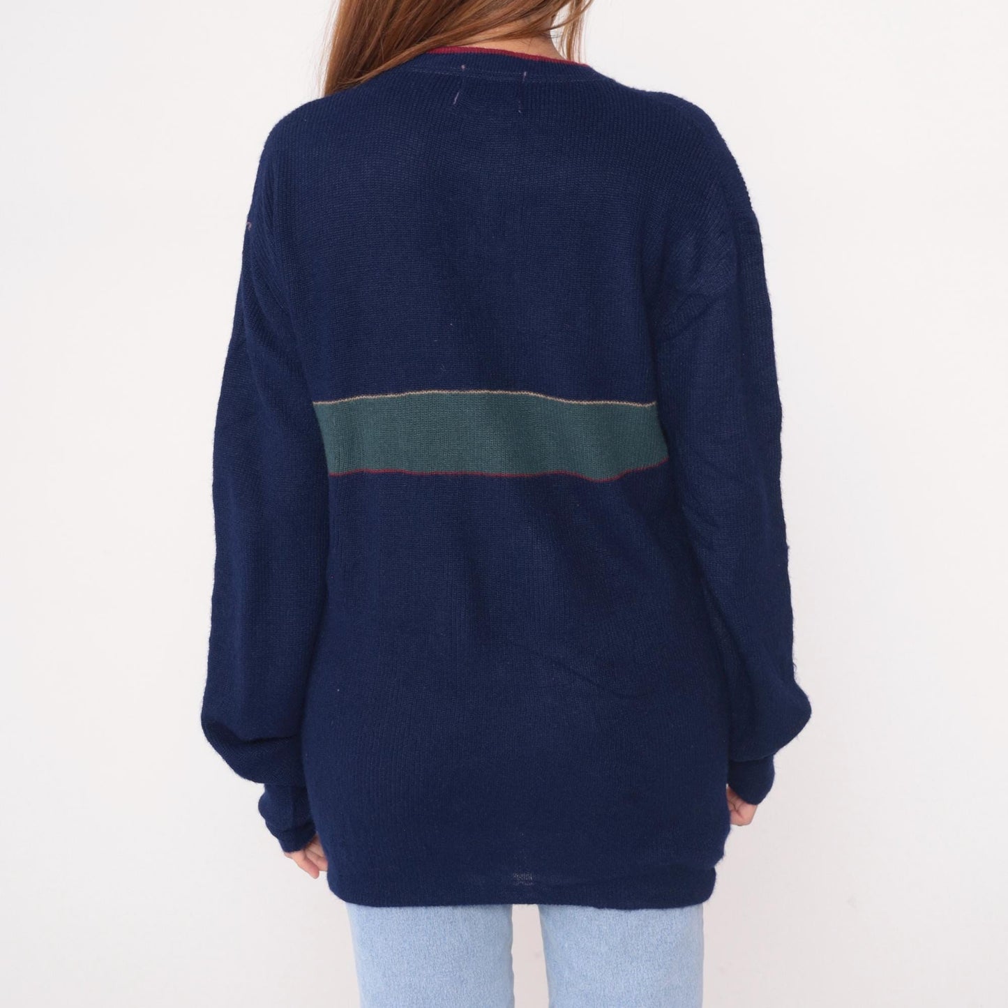 80s Izod Lacoste Navy Sweater Green Stripe Crocodile Crew Neck Large