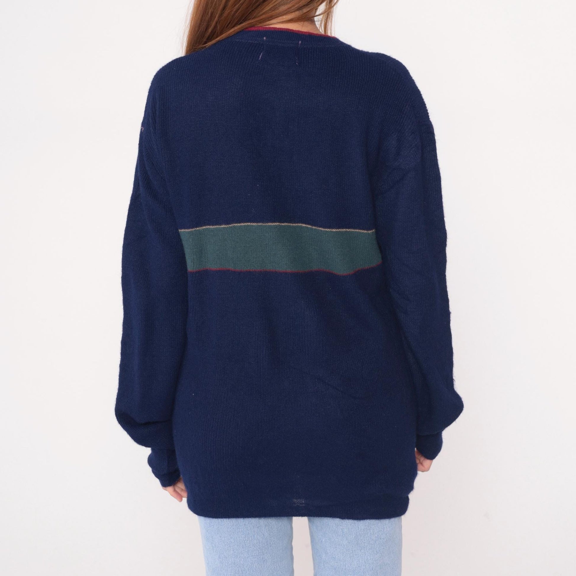 80s Izod Lacoste Navy Sweater Green Stripe Crocodile Crew Neck Large