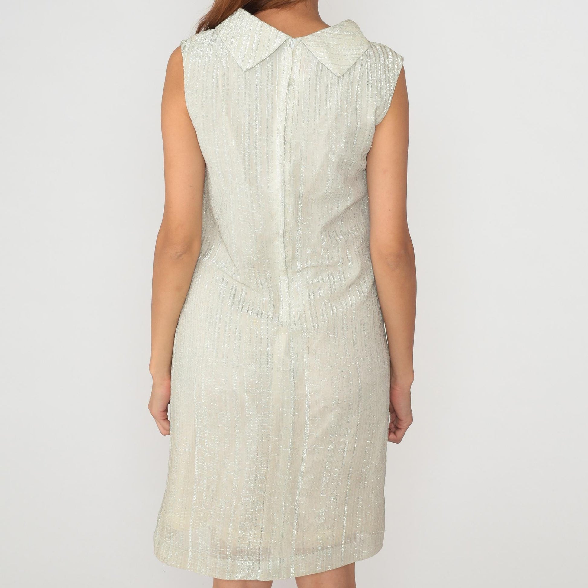 70s Fritzi of California Metallic Shift Dress Cream Collar Sleeveless Small