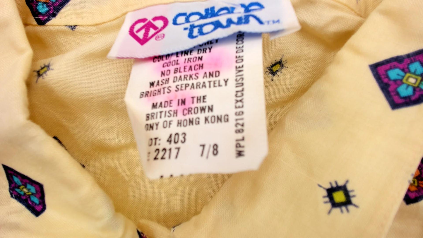 80s Pale Yellow Diamond Print Button-Up Blouse Purple Blue Geometric Medium