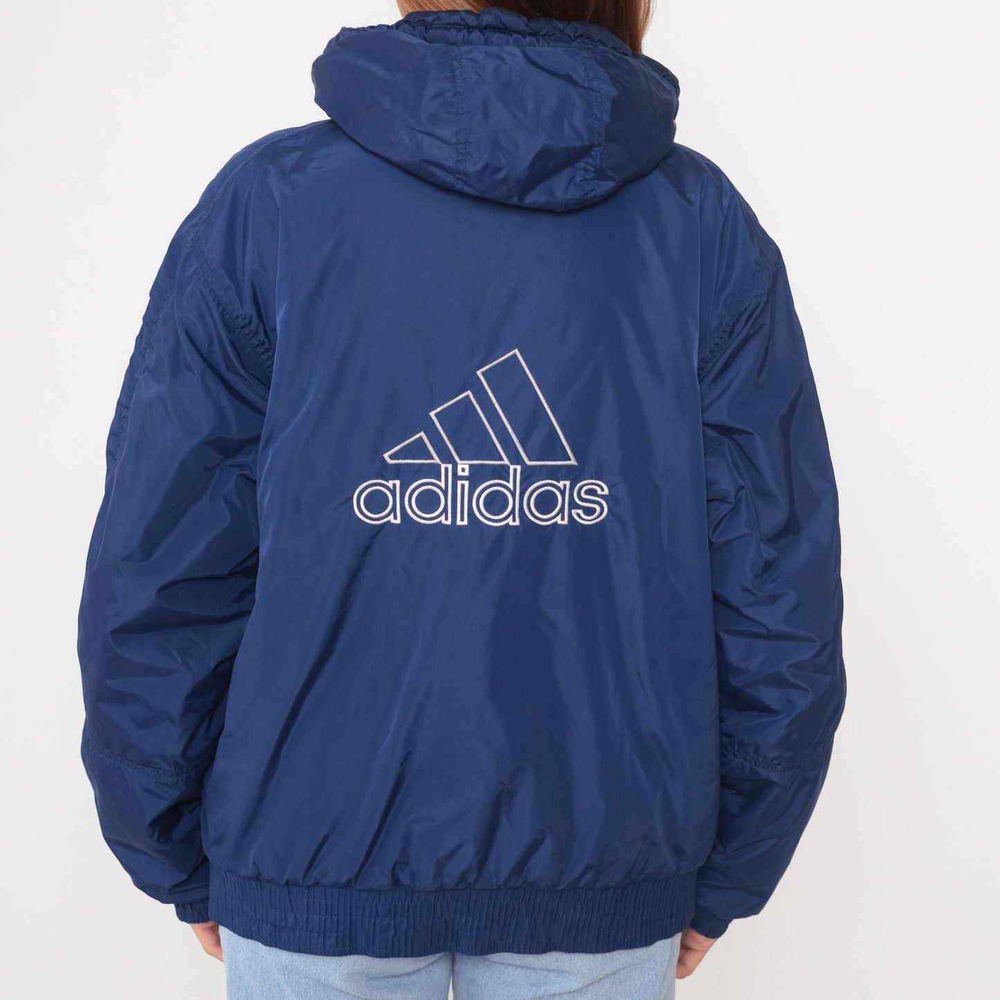 80s Adidas Navy Hooded Windbreaker Full Zip Three Stripe Small