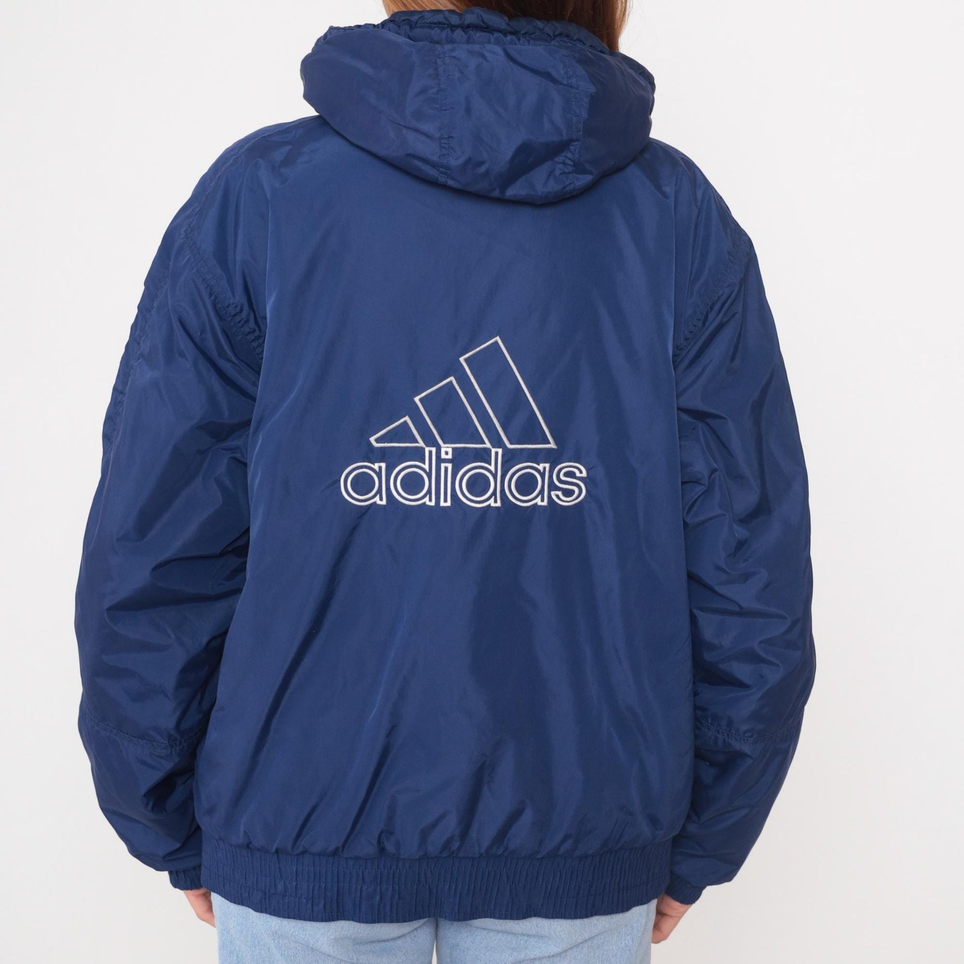 80s Adidas Navy Hooded Windbreaker Full Zip Three Stripe Small