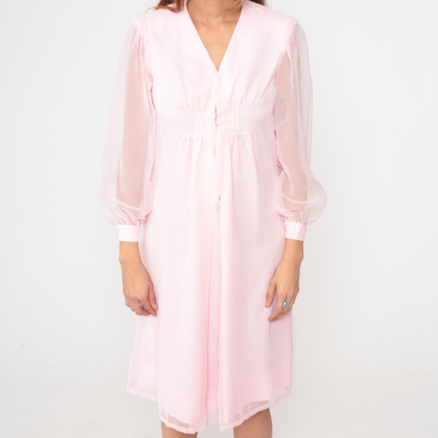 70s Pink Polyester Dress V-Neck Button Front Knee-Length Small