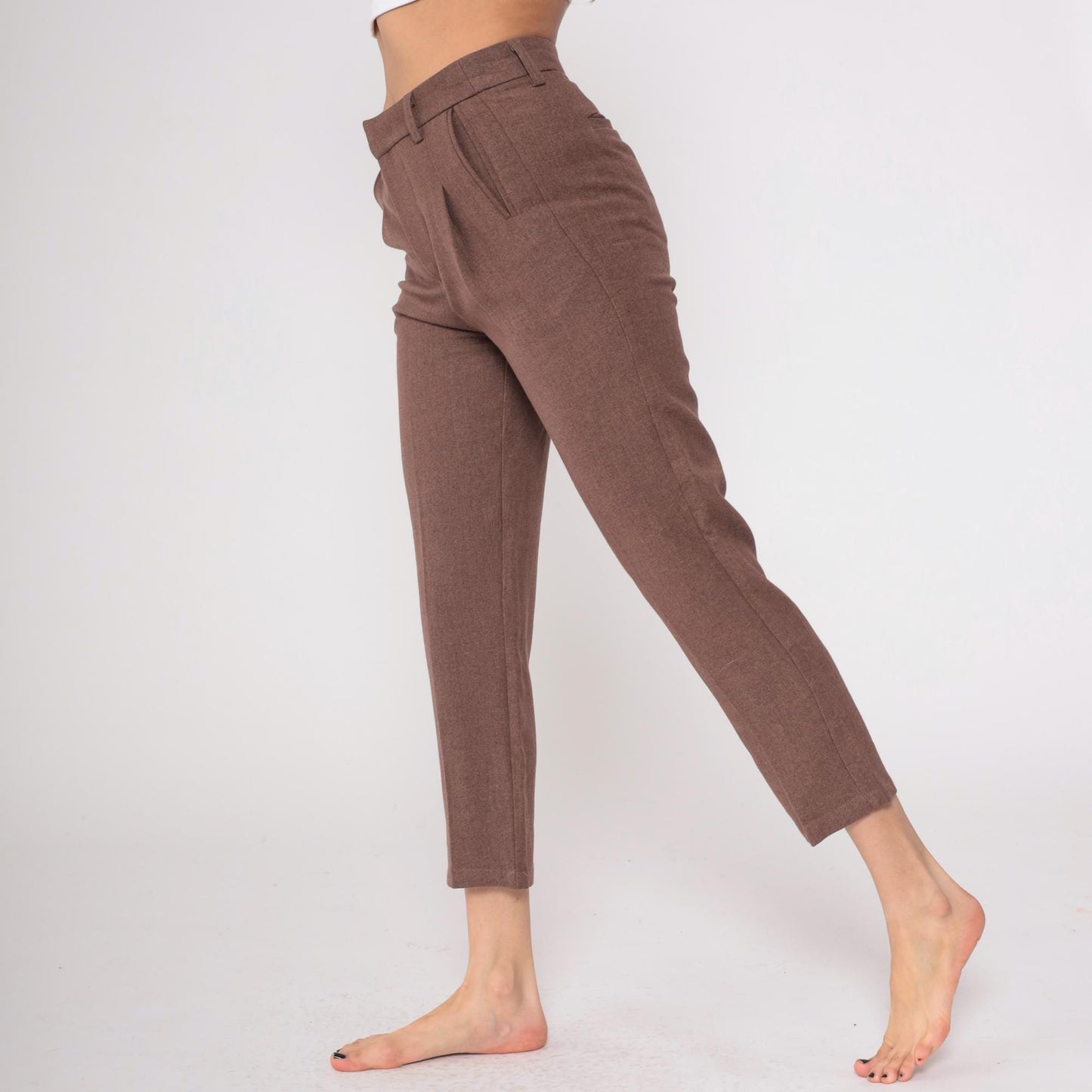 Y2K Brown Pleated Cropped Trousers Straight Leg High Waist Medium M