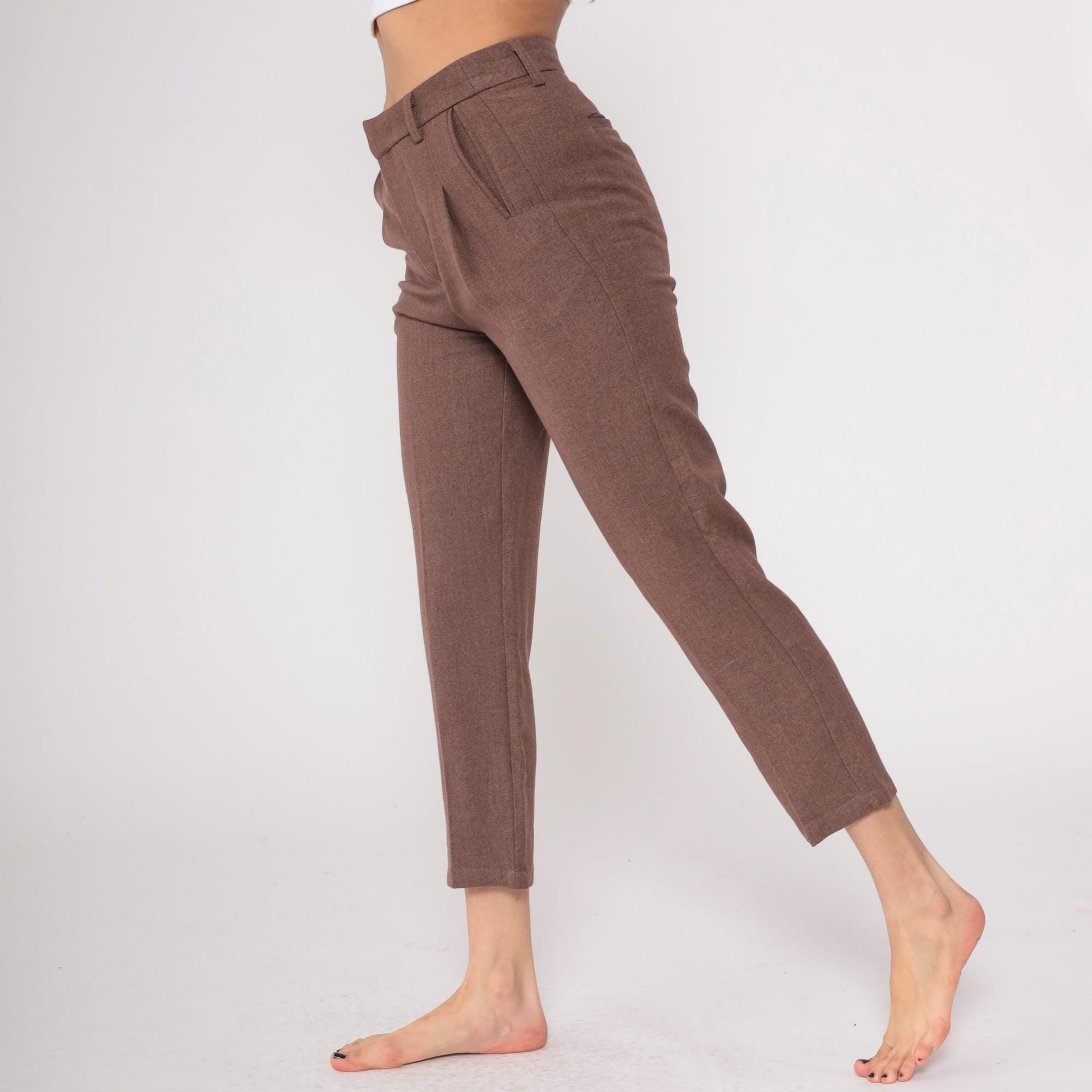 Y2K Brown Pleated Cropped Trousers Straight Leg High Waist Medium M