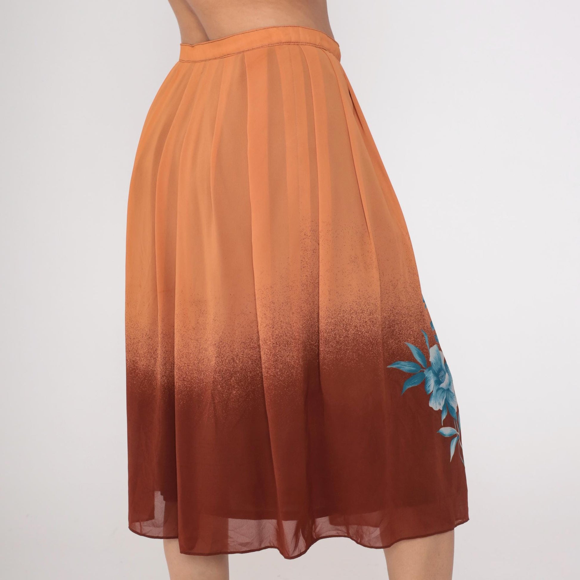 70s Peachy Brown Ombre Pleated Knee Skirt Blue Floral Small