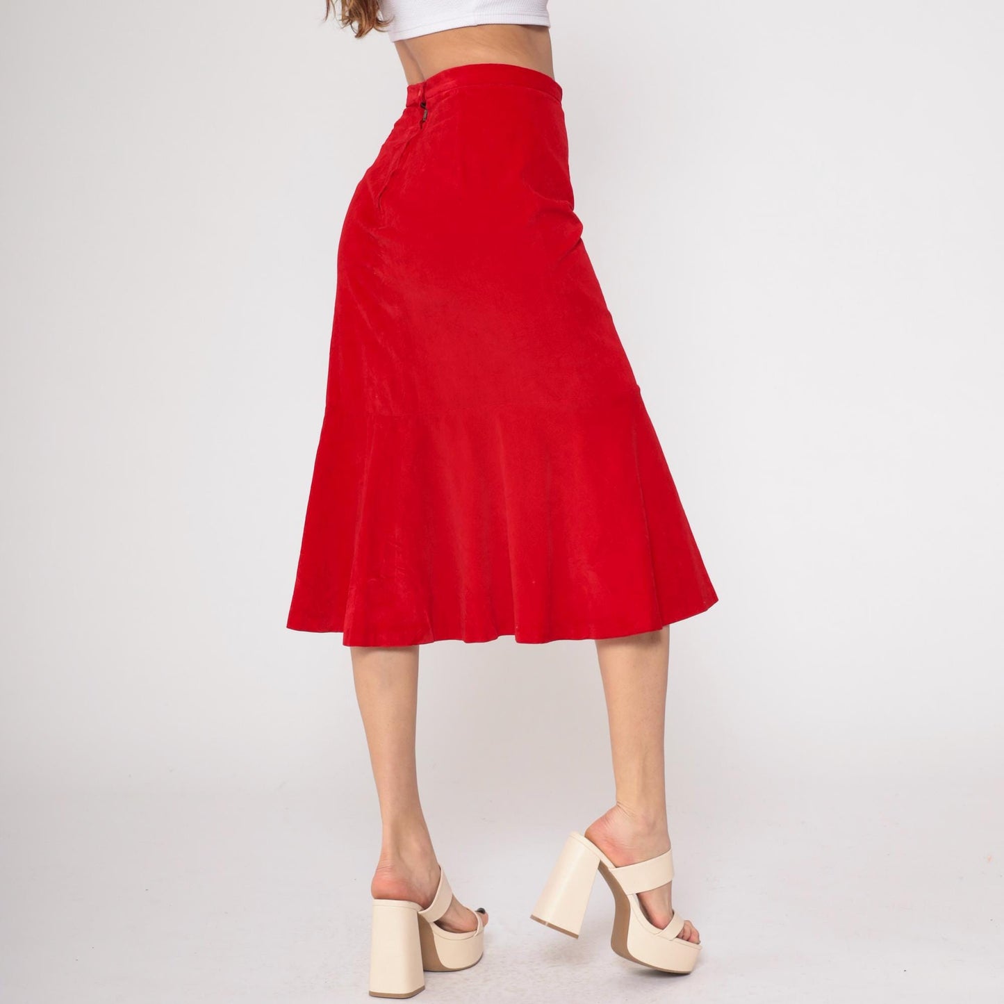70s Red Velvet Midi Skirt Bucaretti High Waisted Trumpet Flare Small